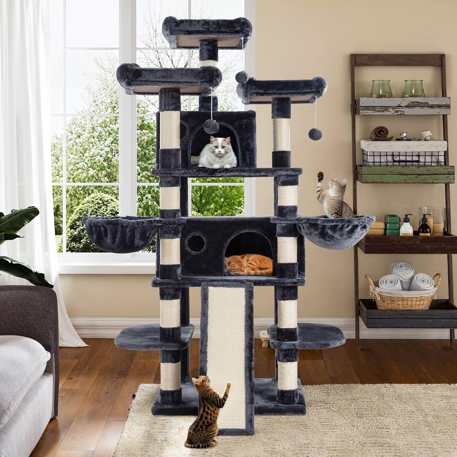 WEEWAY 68 Inches Multi-Level Large Cat Tree for Feline‌/Big Tower/Condo/Cozy Plush Kitty Perches/Fluffy Balls/Sisal Scratching Posts and Hammocks/Cave/Furniture Activity Center/Drak Grey