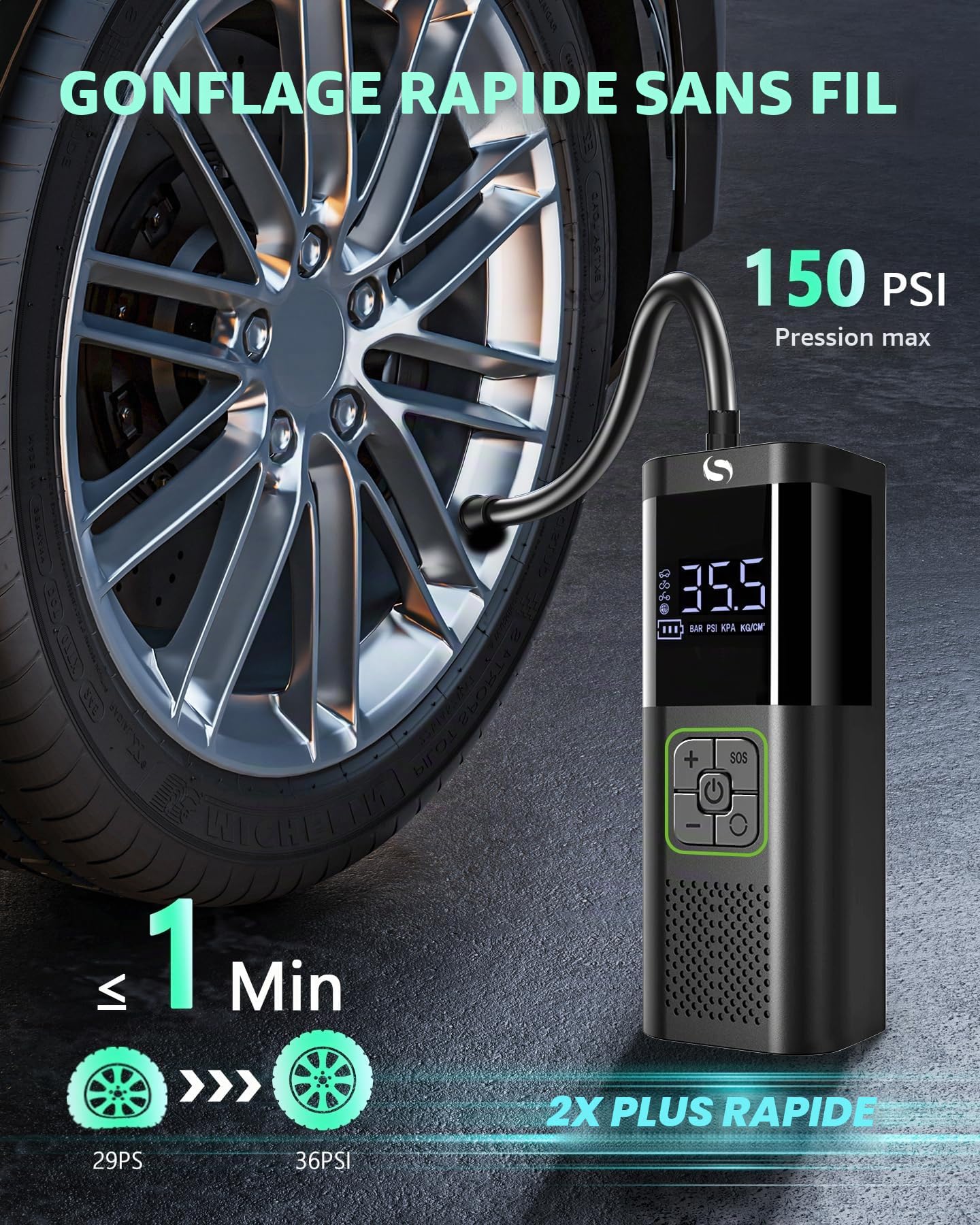Compresseur à Air Portatif, Gonfleur Pneus Voiture sans Fil avec Jauge, Inflation Rapide, Arrêt Automatique, pour Voiture, Vélos et Motos, Pompe à vélo électrique 150 psi