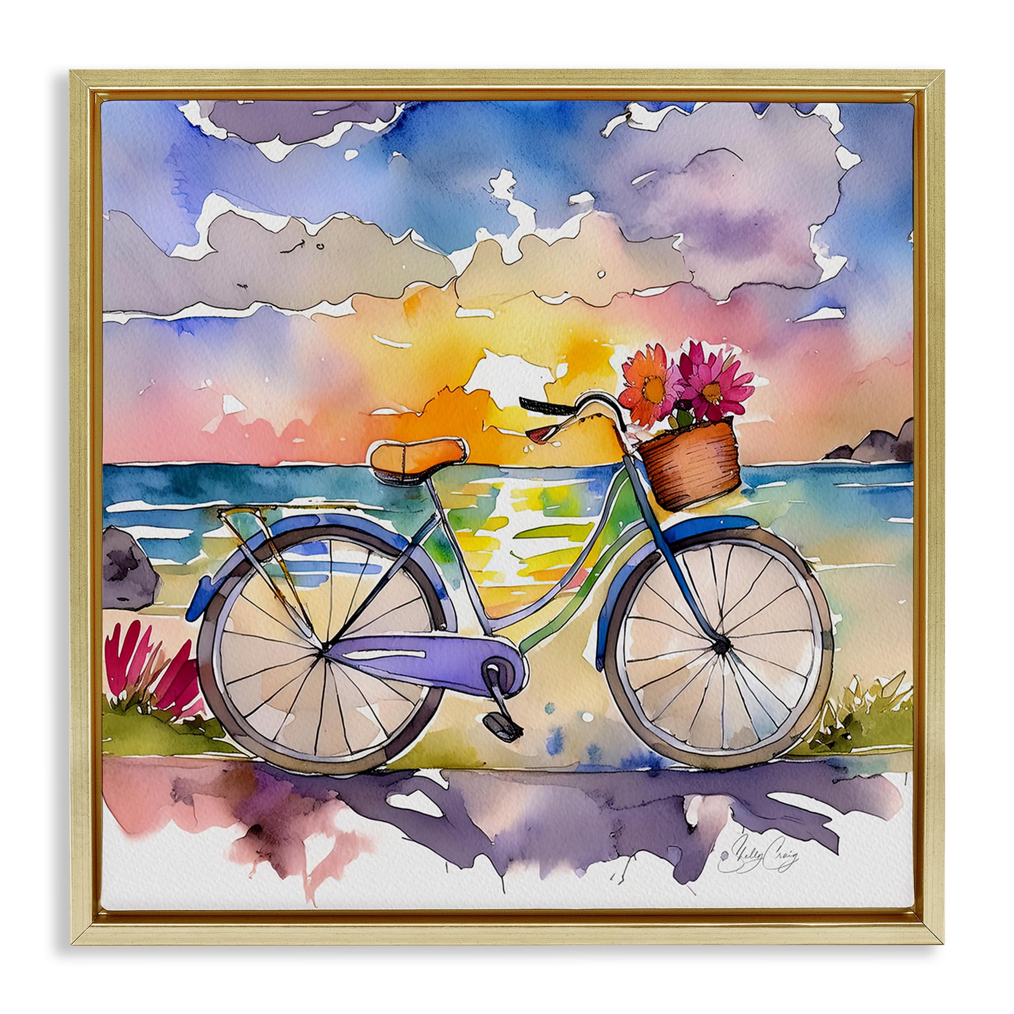 Stupell Industries Bicycle By The Seaside 'Bicycle By The Seaside', Floating Frame Canvas Art, Gold, 18 X 18 Inches, Easy To Hang And Sturdy, Made In Usa, By Shelly Craig