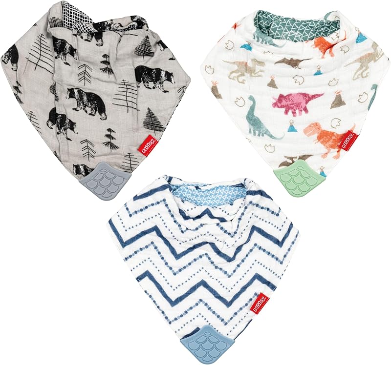 Baby Bibs - 3 Pc Muslin Bibs - Reversible 100% Natural Cotton Teething Accessory for Girls and Boys, Baby Essentials