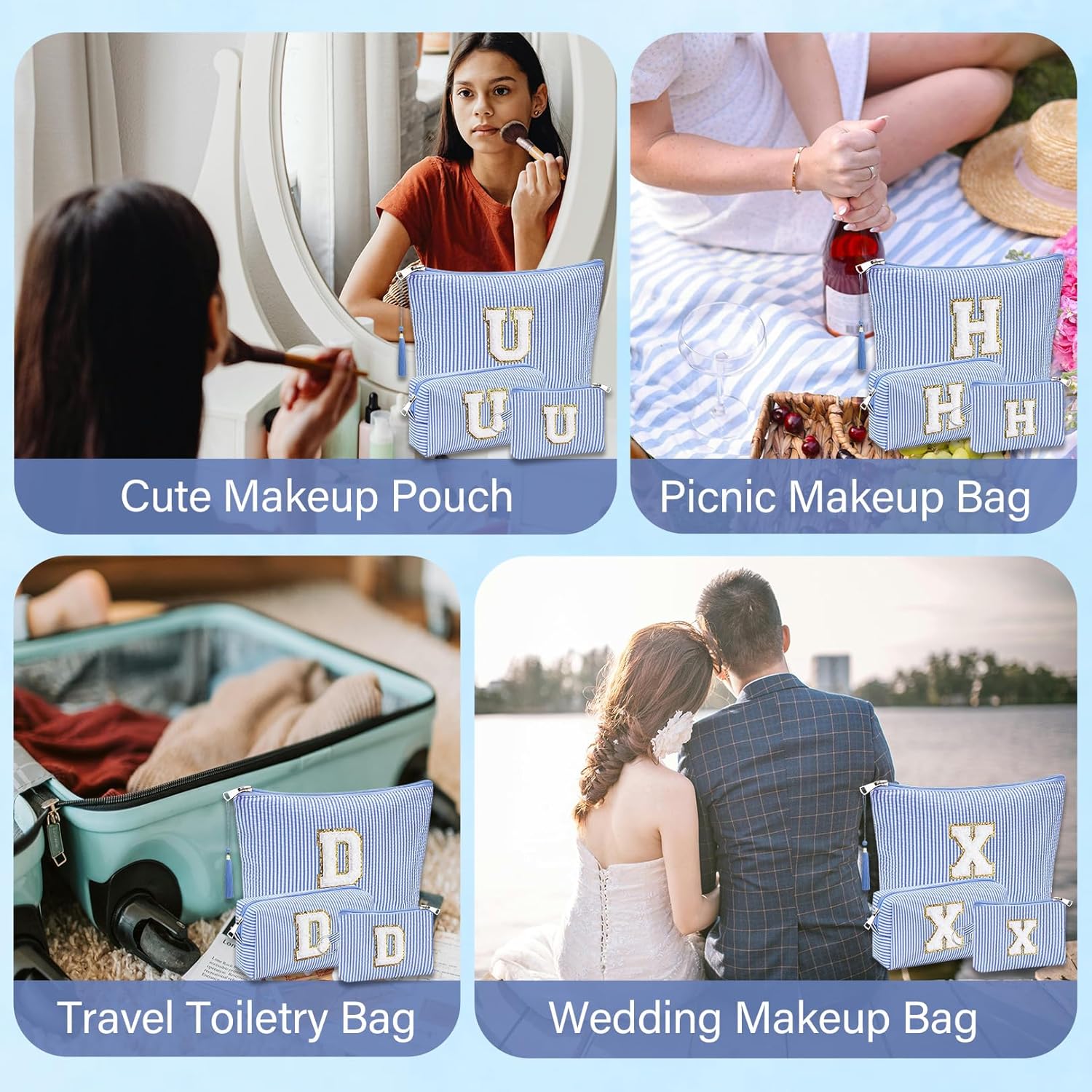 Initial Gifts Travel Cosmetic Makeup Pouch Bags Sets for Purse, 3pcs Stoney Clover Dupes Pouch Makeup Bag, Personalized Cosmetic Bags Set for Women, Make up Bag for Teen Girls 13 14 15 16 17 (P, Blue) - Image 6