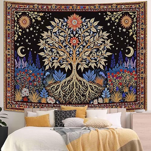 Miniatura 4 de Spenlife Tapiz de árbol de la vida, tapices florales místicos para dormitorio, decoración de pared celestial, tapices de luz negra (60 x 44 pulgadas)