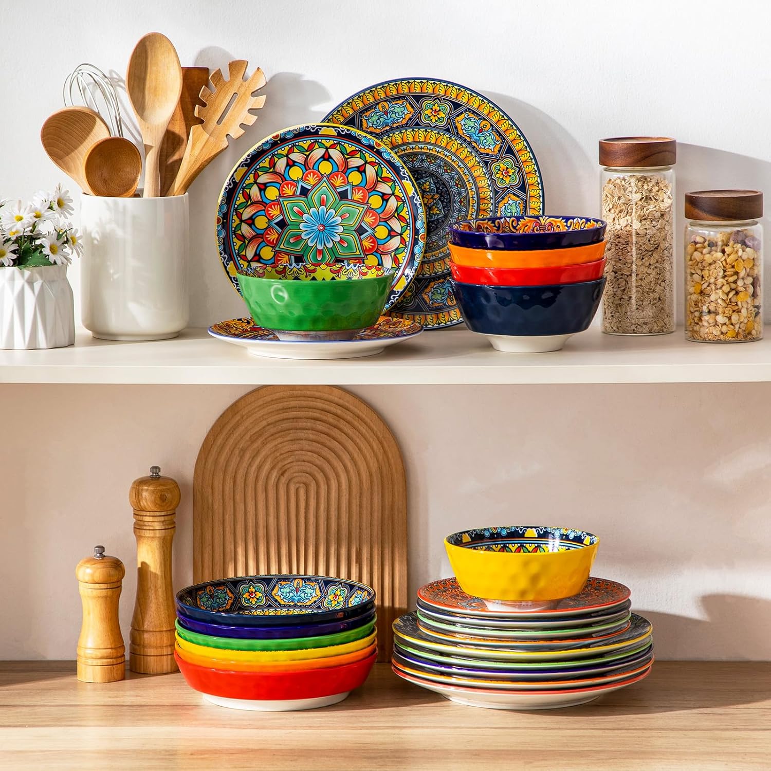 vancasso 24 Pieces Plates and Bowls Set, Bohemian Style Dinnerware Sets Service for 6, Porcelain Boho Dishes Set for Kitchen, Housewaring Gift, Dishwasher and Microwave Safe, Series KRVI