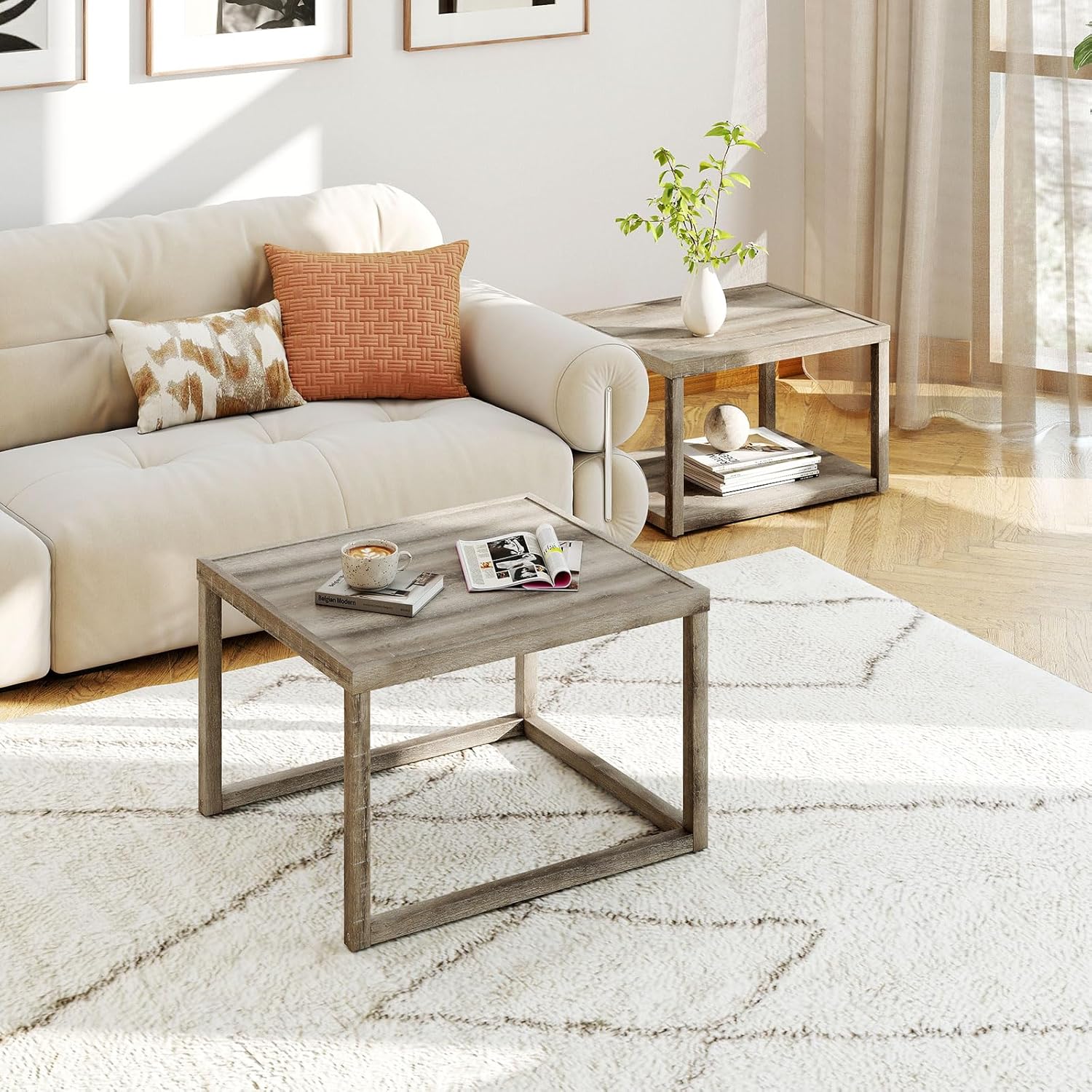 GOFLAME Nesting Coffee Tables Set of 2, Stackable Rectangular Center Table with Storage Shelf, Solid Rubber Wood Frame, Farmhouse Accent Tea Table for Living Room, Small Space, Gray Oak