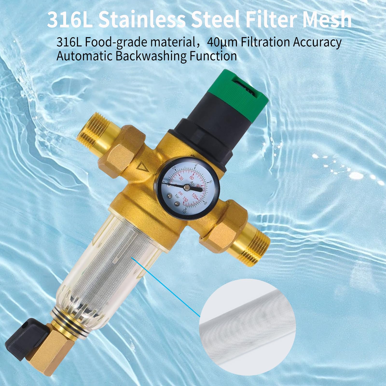 Reducteur de Pression Eau 3/4 Pouce, DN 20 Régulateur de Pression d'eau en Laiton Limiteur de Pression Eau avec Manomètre et Filtre à Tamis en Acier 316 pour Filtrer Les Impuretés Dans L'eau