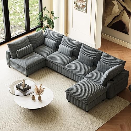 130" Oversized Cloud Couch Large Modular Sectional Sofa Modern U Shaped Sectional Couch 6 Deep Seat Sofa Set for Living Room Comfy Corduroy Cloud Sofa with Ottoman, USB Port, Cup Holder, Dark Grey