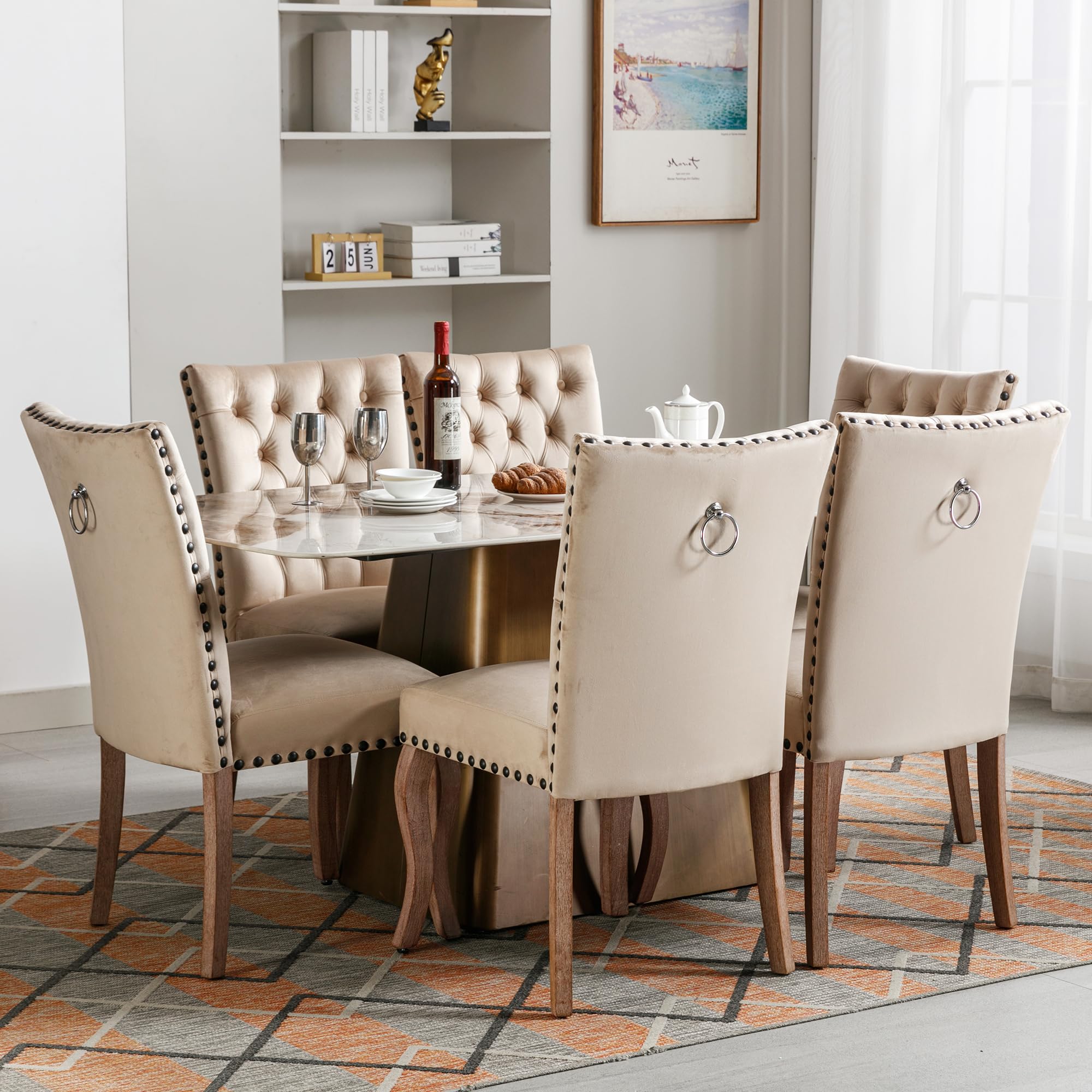 Sedia da pranzo (sedia da cucina, soggiorno con battente unico sul retro), sedia imbottita con testa di chiodo, gambe in legno massiccio, rivestimento in velluto, cammello chiaro, 6 pezzi