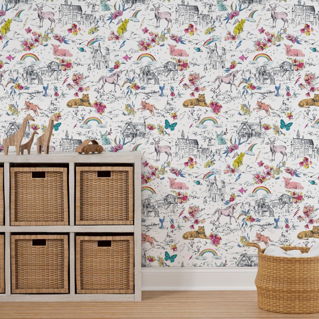 Peel & Stick Wallpaper 3ft x 2ft - Little Unicorn Rainbow Castle Mermaid Rabbit Butterfly Bear Custom Removable Wallpaper by Spoonflower
