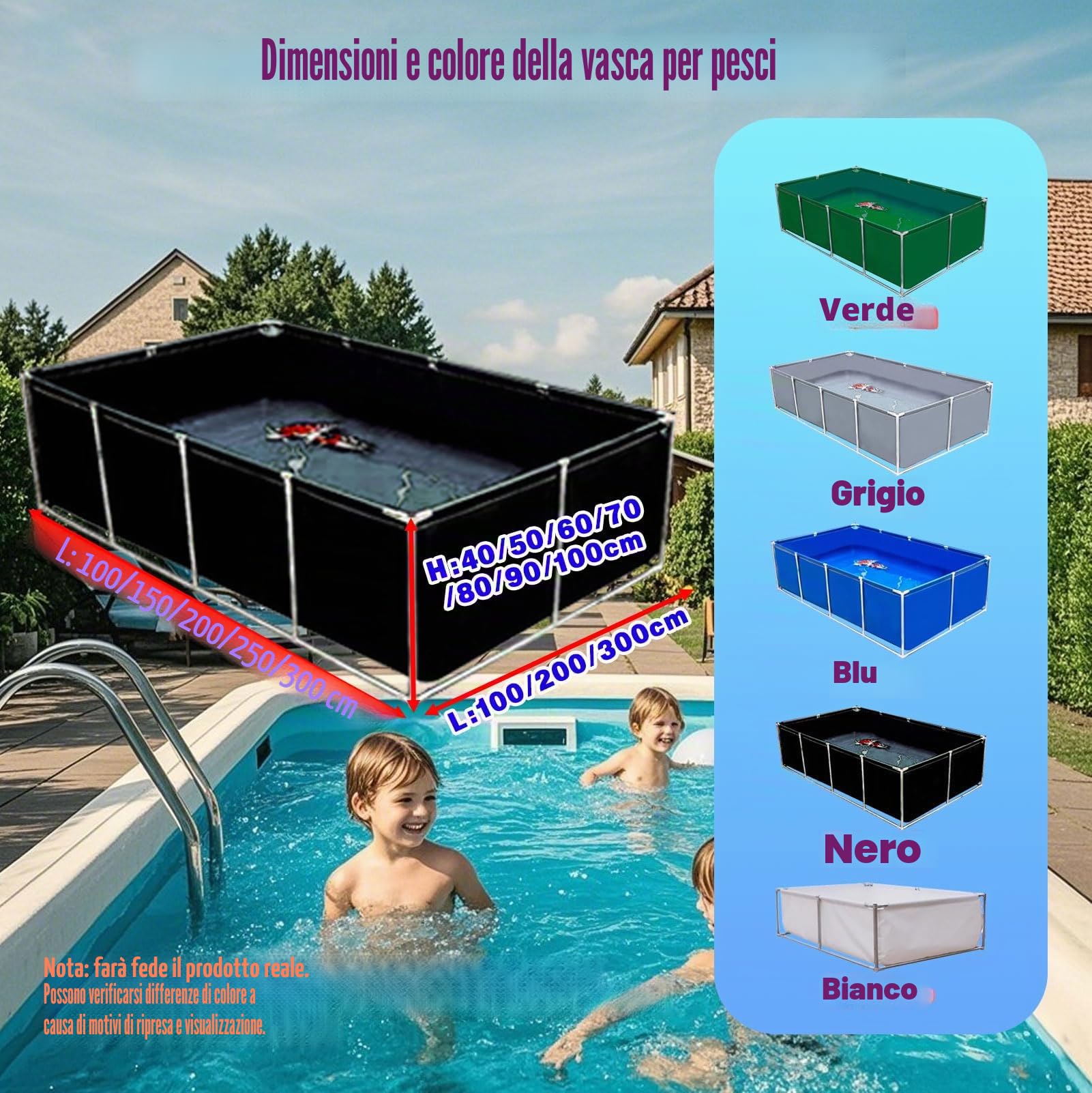 Grande piscina rettangolare con cornice, struttura in acciaio fuori terra, piscina da giardino per famiglie e bambini, capacità, facile da montare, telaio in metallo resistente, include toppa di