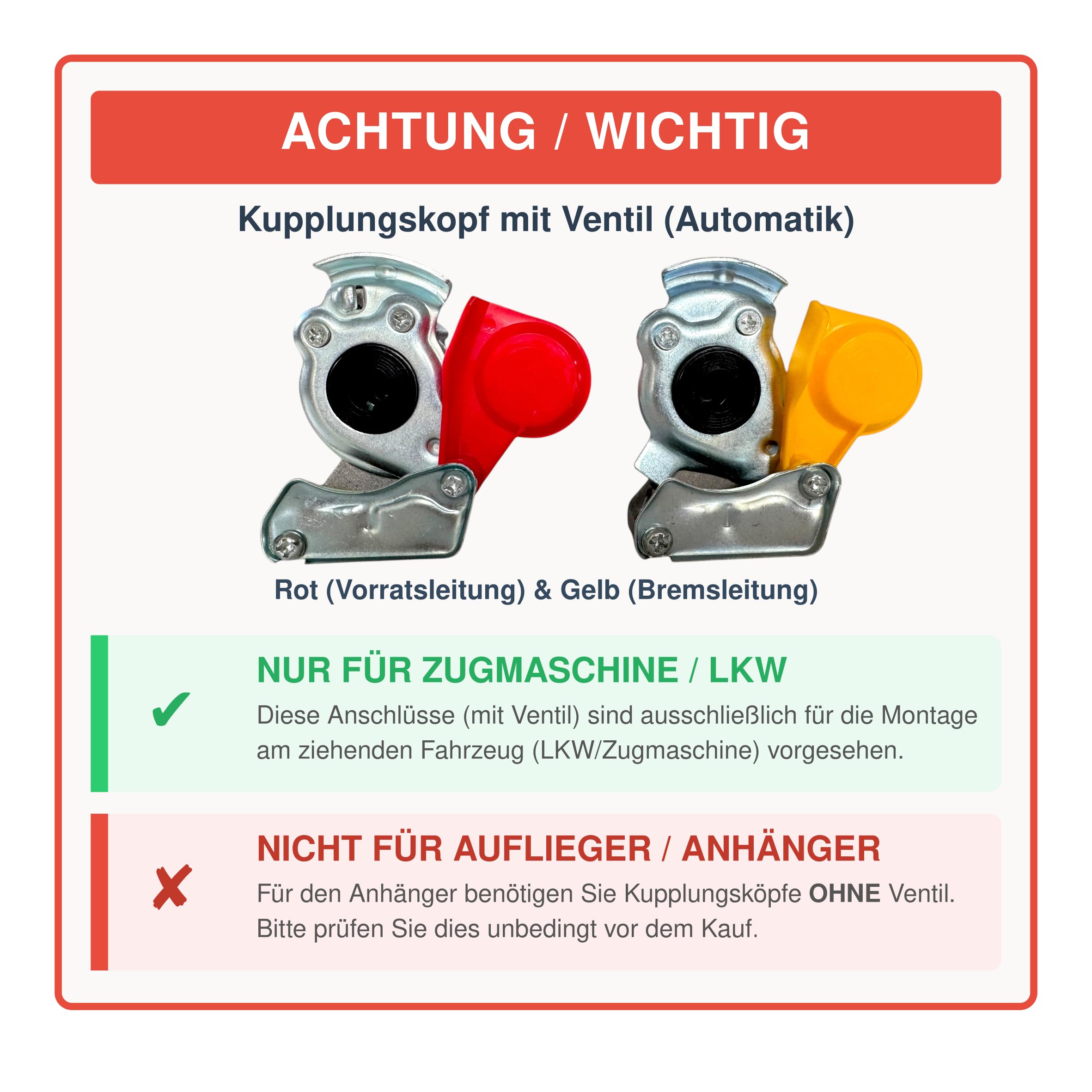 Druckluft Spiralschlauch, Kupplungskopf ODER Komplett-Set (nach Wahl) - M16 / M22 LKW Druckluftschlauch (Rot & Gelb) für Anhänger, Traktor (M22: Komplett-Set (Schlauch+Kupplung))