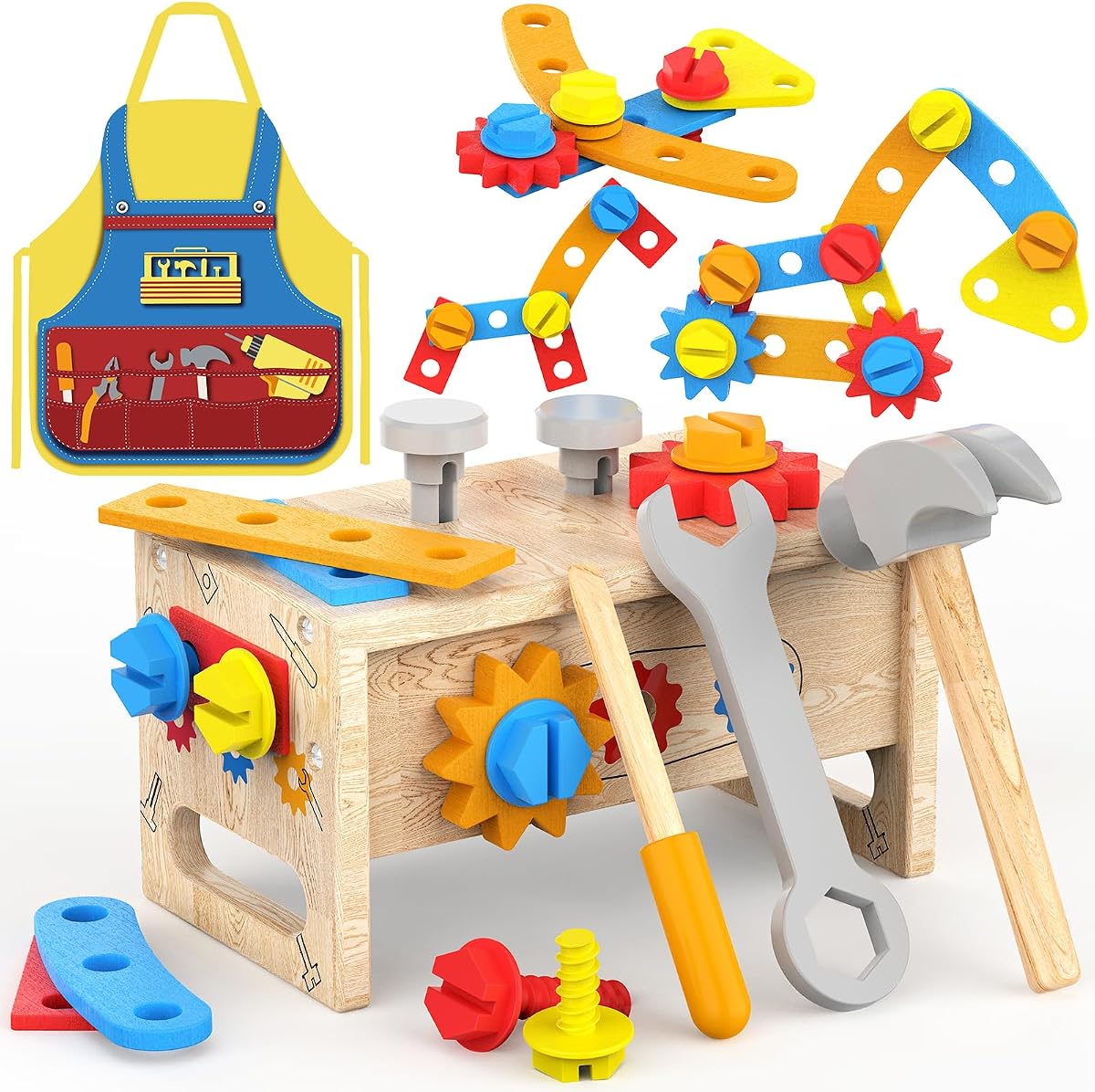 Montessori Toys for 2 Year Old Boy - Wooden Kids Tool Set with Apron | Toddler Bench STEM Educational Construction Toy for Ages 2-4, Pretend Play Birthday Gifts for Girls