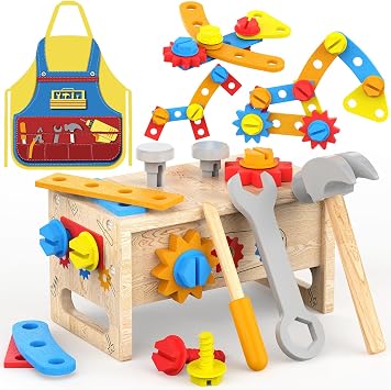 Montessori Toys for 2 Year Old Boy - Wooden Kids Tool Set with Apron