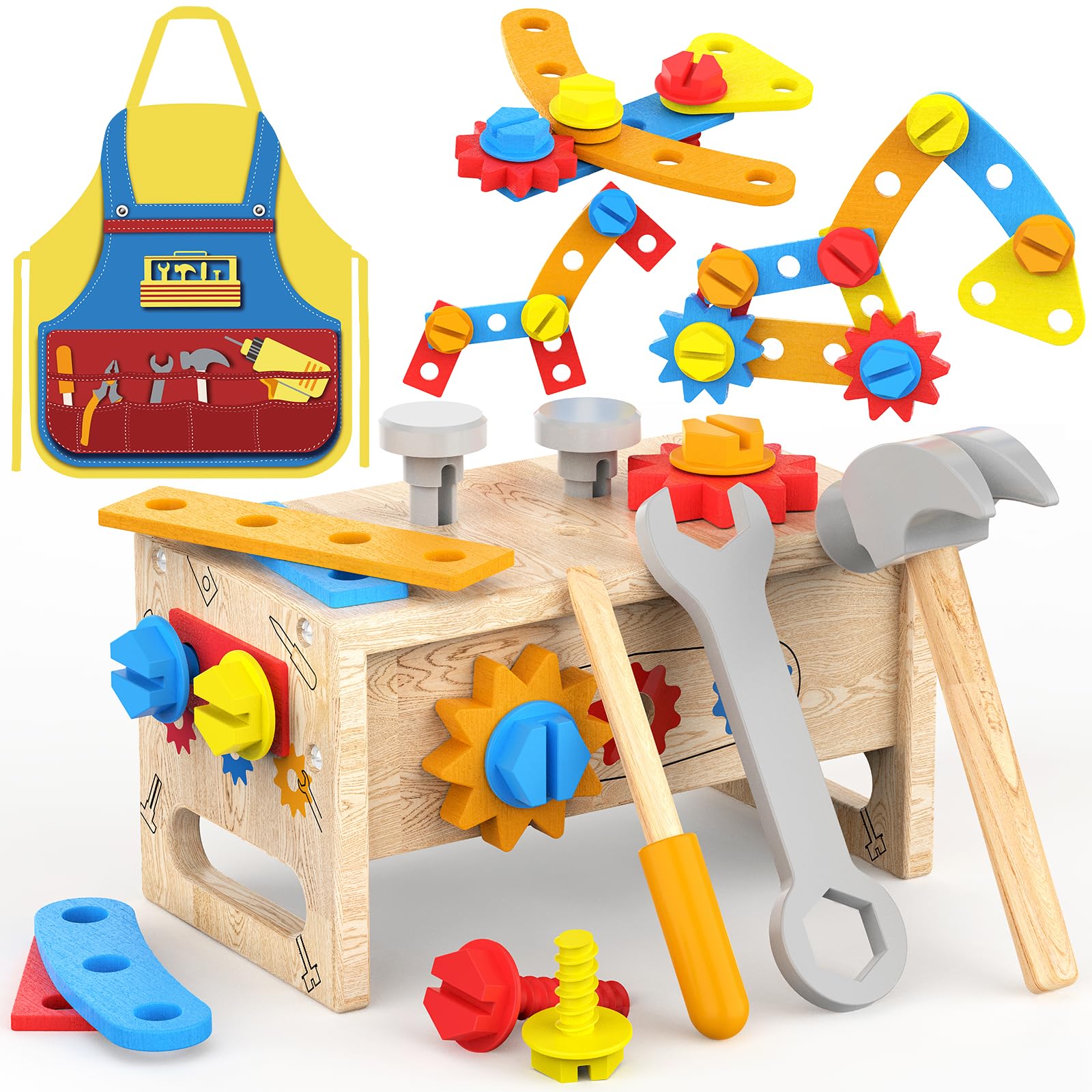 Montessori Spielzeug ab 2 Jahre Junge - Holz Werkzeugkoffer Kinder | Holzspielzeug mit Schürze, Werkbank & Koffer 2-in-1, Feinmotorik-Lernspielzeug, Geschenk für Jungen und Mädchen 3 4 5 Jahre
