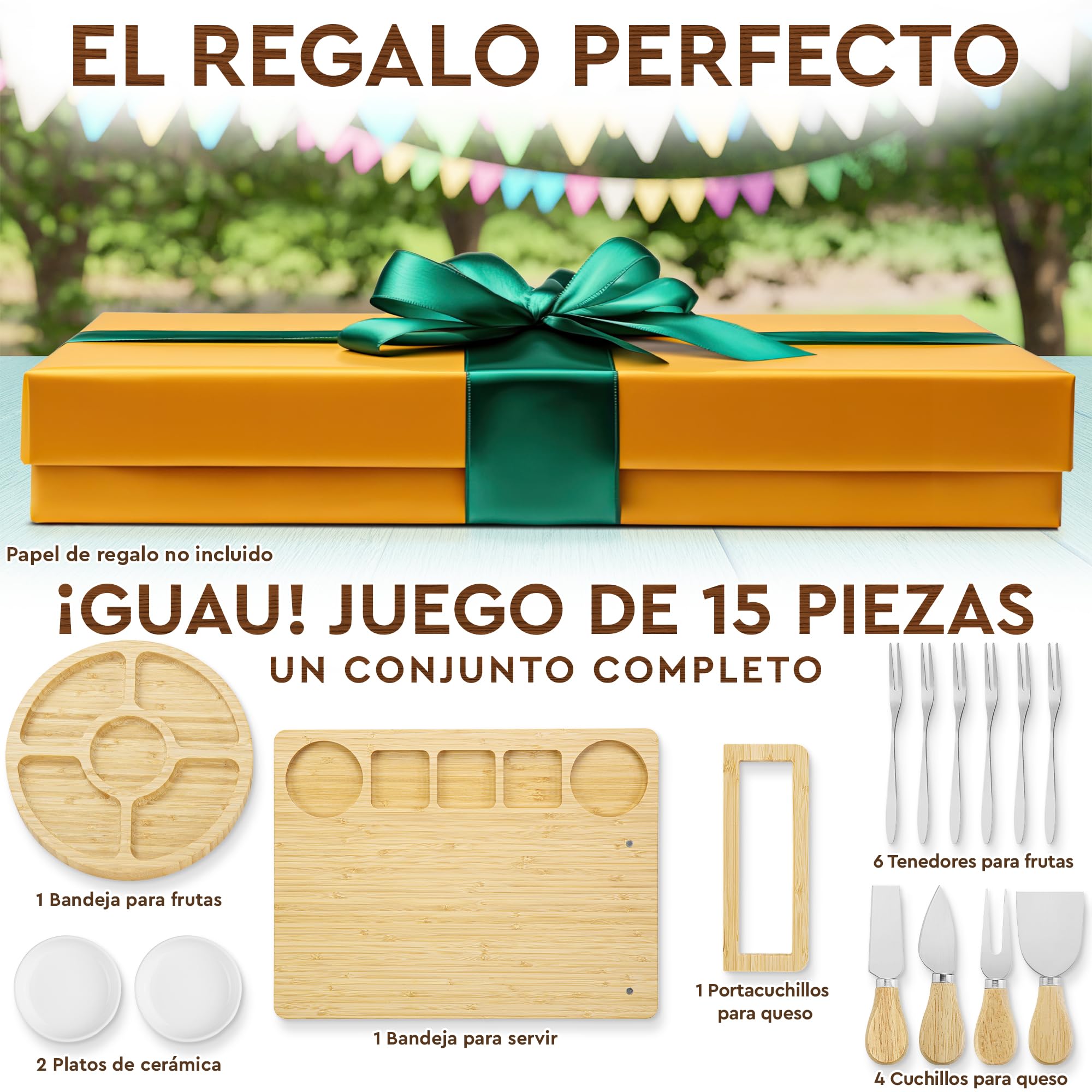 Set de regalo de tablas de embutidos de lujo - 15 piezas, bambú - Tabla grande para queso + bandeja para el Día de la Madre, cumpleaños, inauguración de casa, despedida de soltera