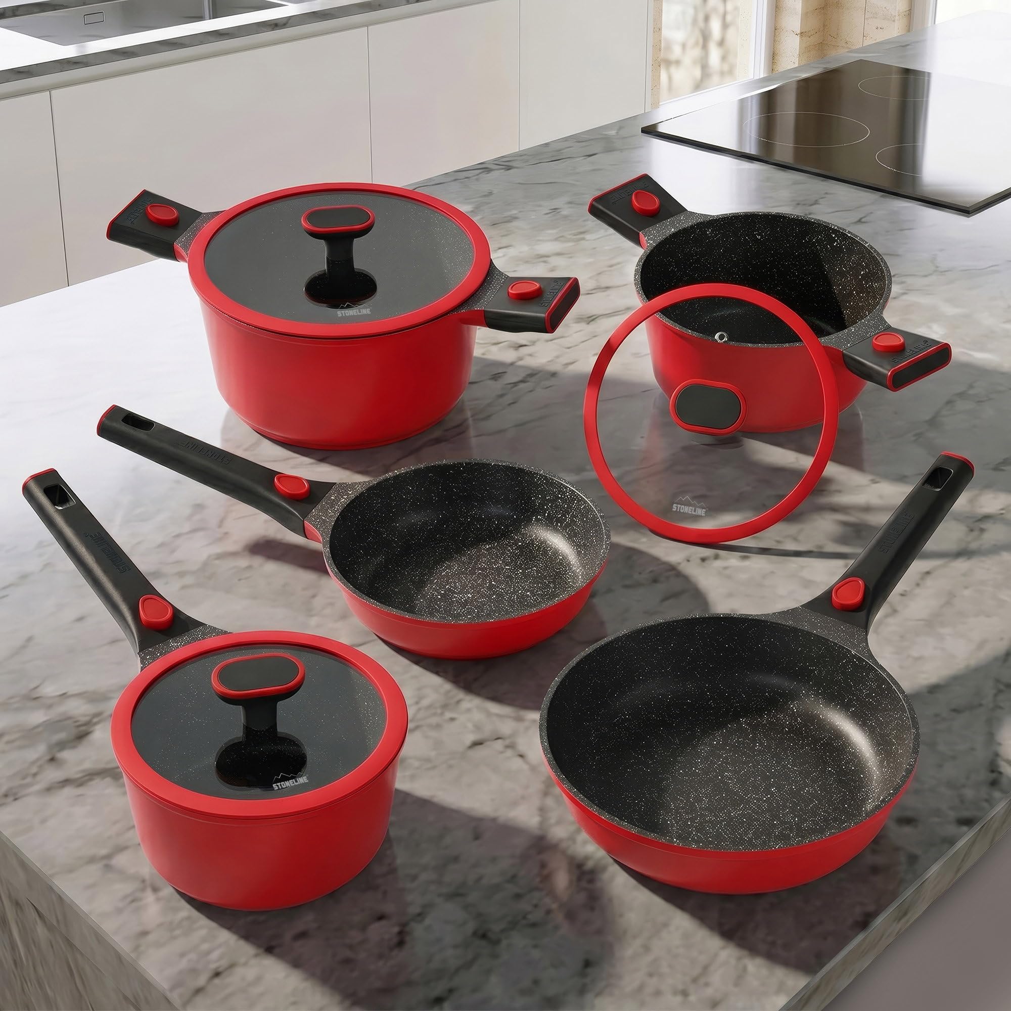 STONELINE SMART Pfannen Töpfe Set 8-teilig ☆ REDESIGN 25/26 ☆ Aluguss Topfset mit Deckel, Abnehmbarer Griff, Kochtopf Pfanne Induktion, Alle Herdarten, Antihaftbeschichtet Echte Steinpartikel, Rot