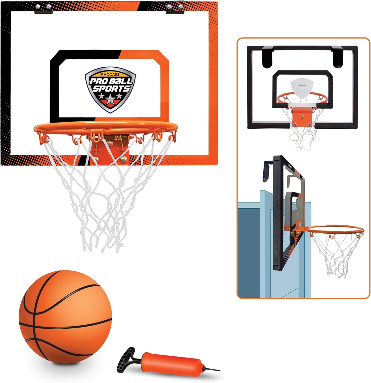 Maccabi Art - Over-The-Door Basketball Set - Clear Backboard, Easy Installation, and All-Inclusive Kit