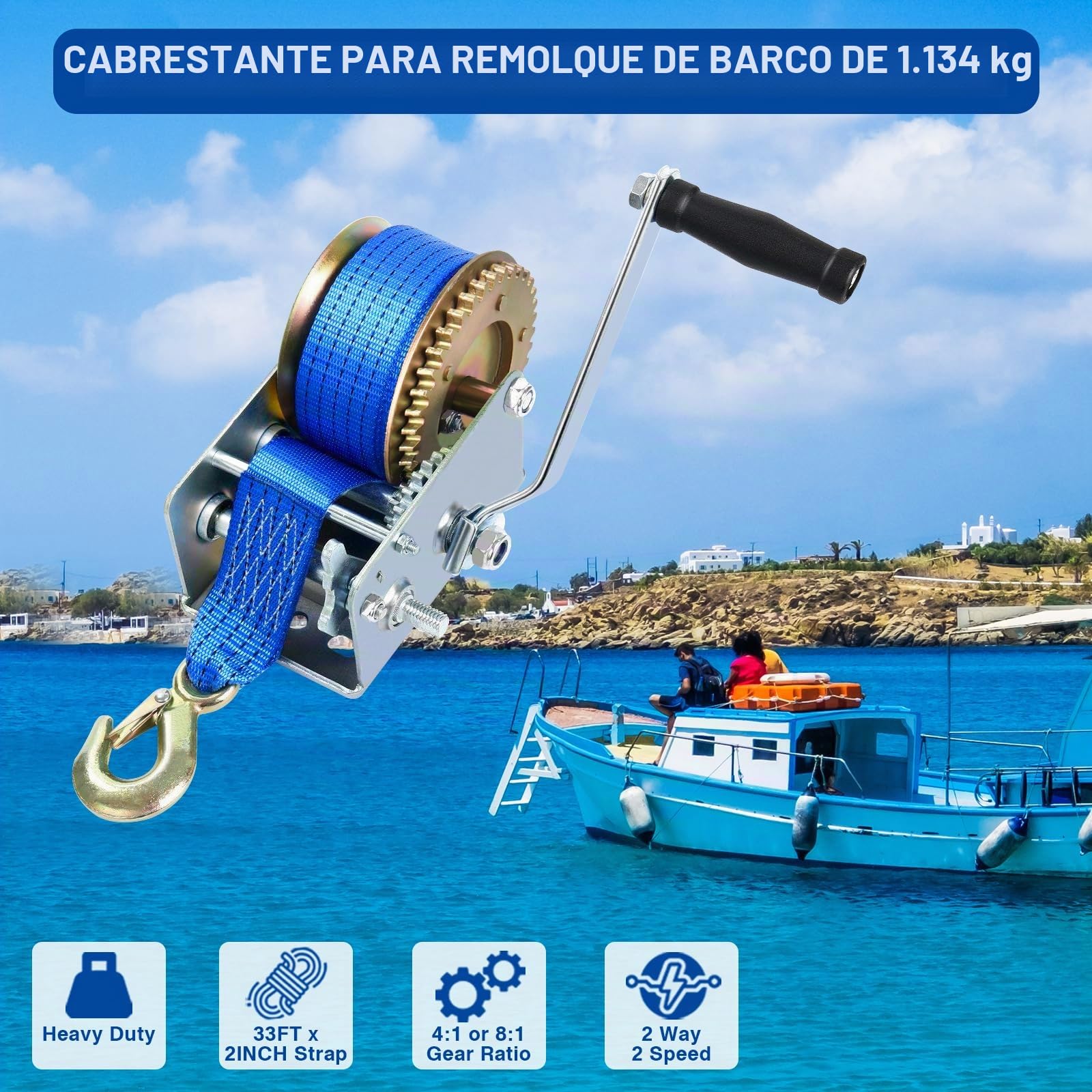 FreeTec Torno de Correa de manivela,10M Mano Cabestrante 1130 kg (2500 LBS)