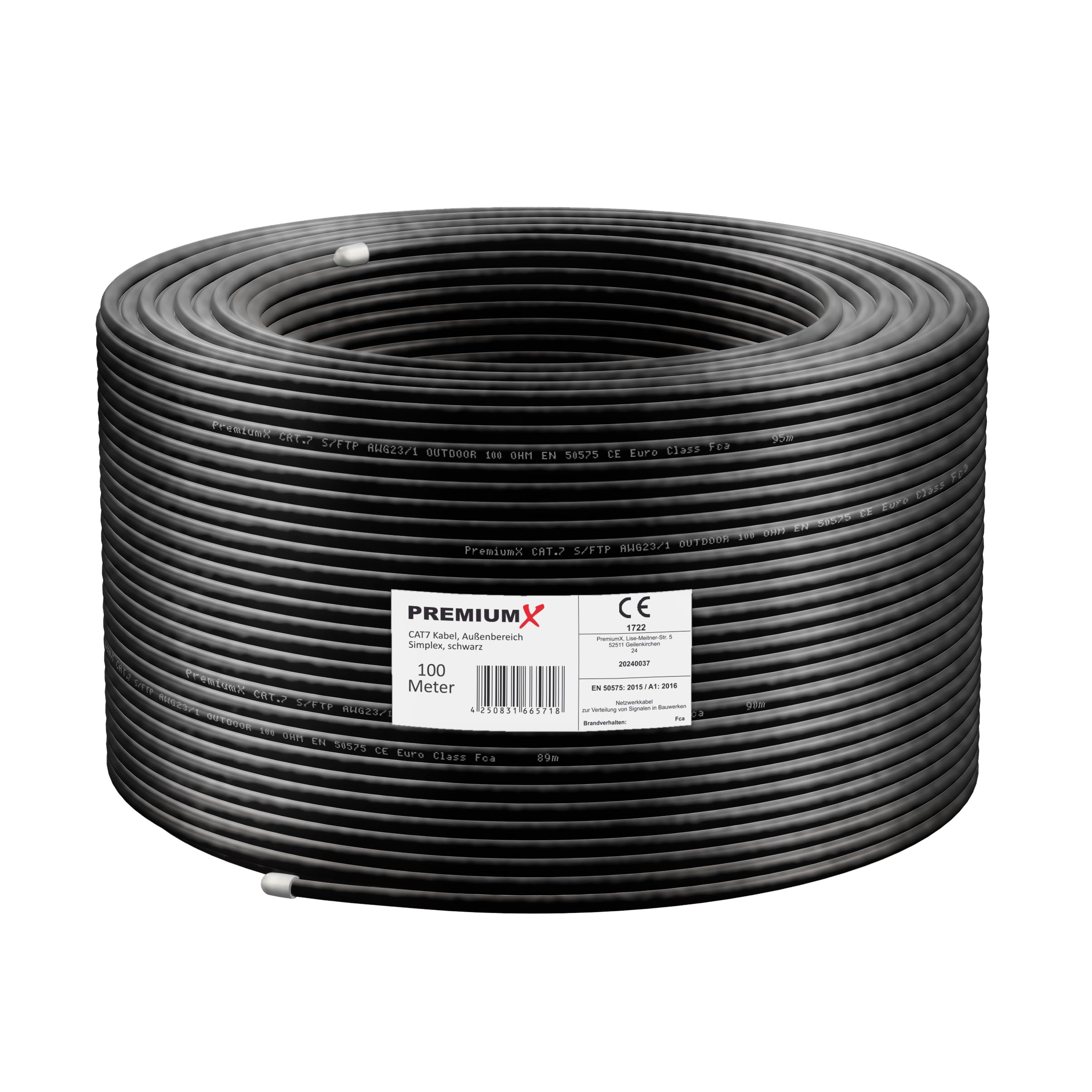 Premium X Câble réseau d'extérieur CAT 7 - 100 m - 10 Gbit/s - Câble de terre - Câble Ethernet LAN pour extérieur - S/FTP AWG23/1 - En cuivre pur - Noir
