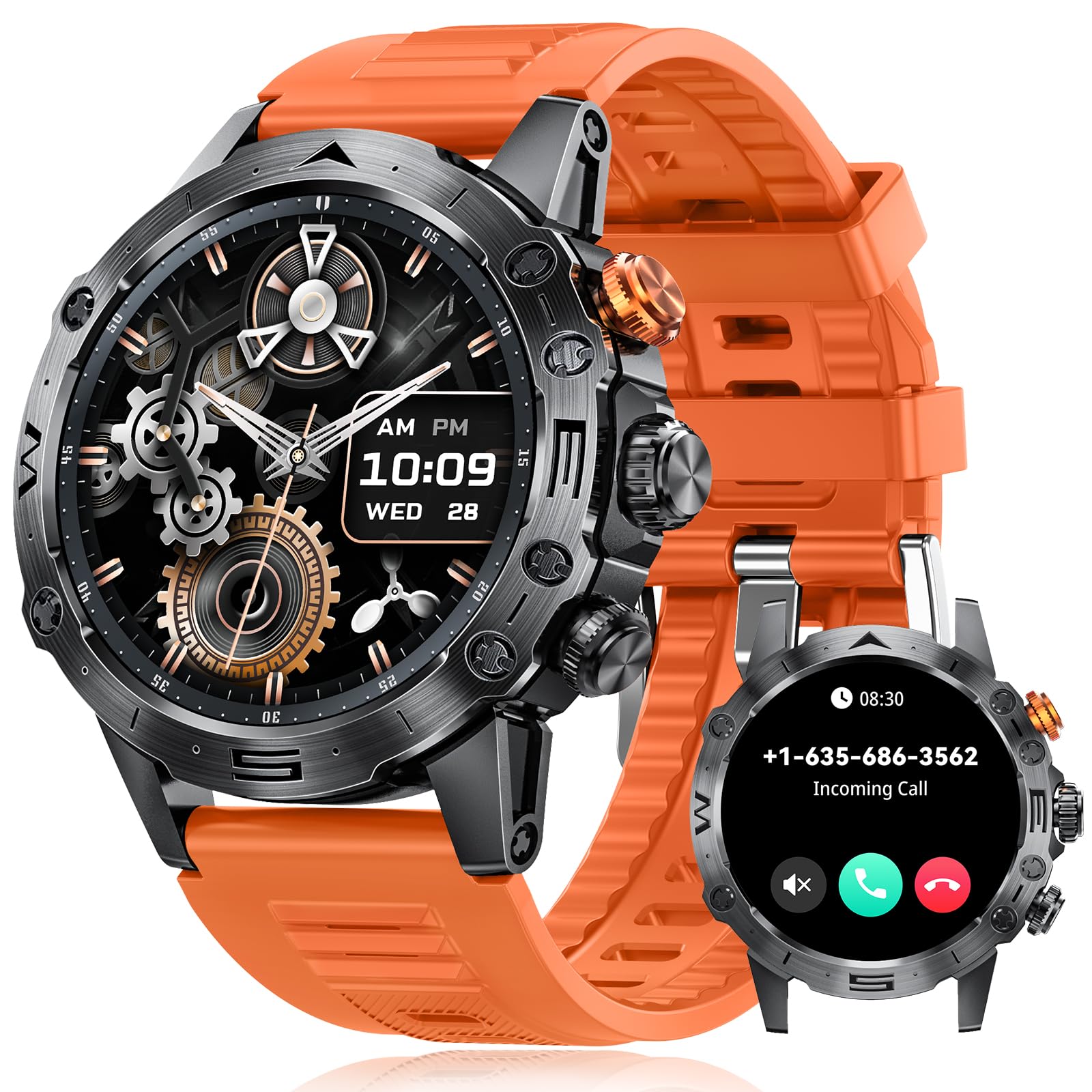 DEKELIFE Smartwatch Uomo con Chiamate, 1.53" IPS Always-On Display Orologio SmartWatch, 124 Modalità Sportive, Corsi di Fitness, 350 mAh IP68 Sonno/Cardiofrequenzimetro SpO2 Android iOS Nero Arancione