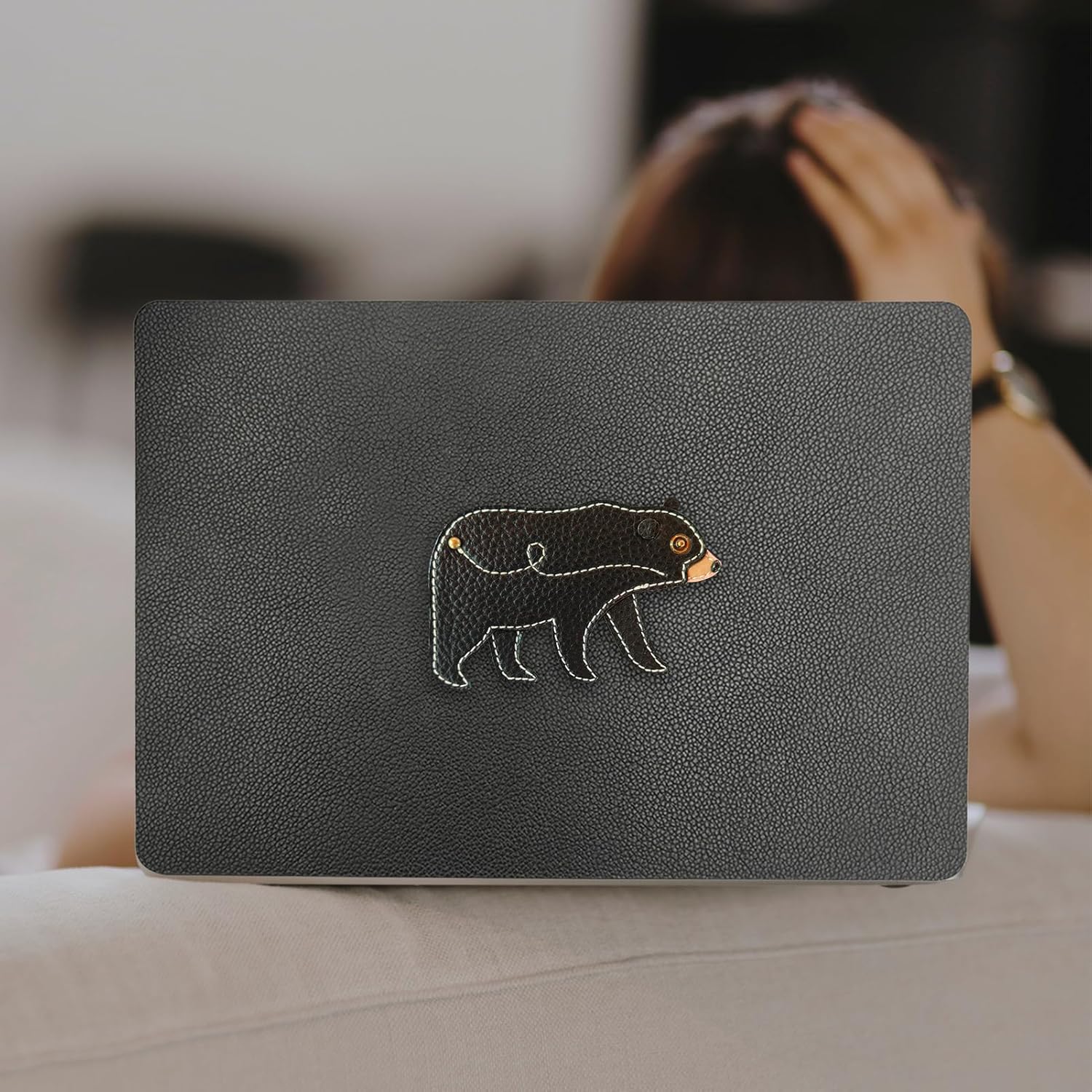 Protective PU and Plastic Hard Shell Cover Compatible with MacBook Air 13.6 inch Case 2024 2023 2022 M3 A3113 M2 A2681 Touch ID,Black Bear