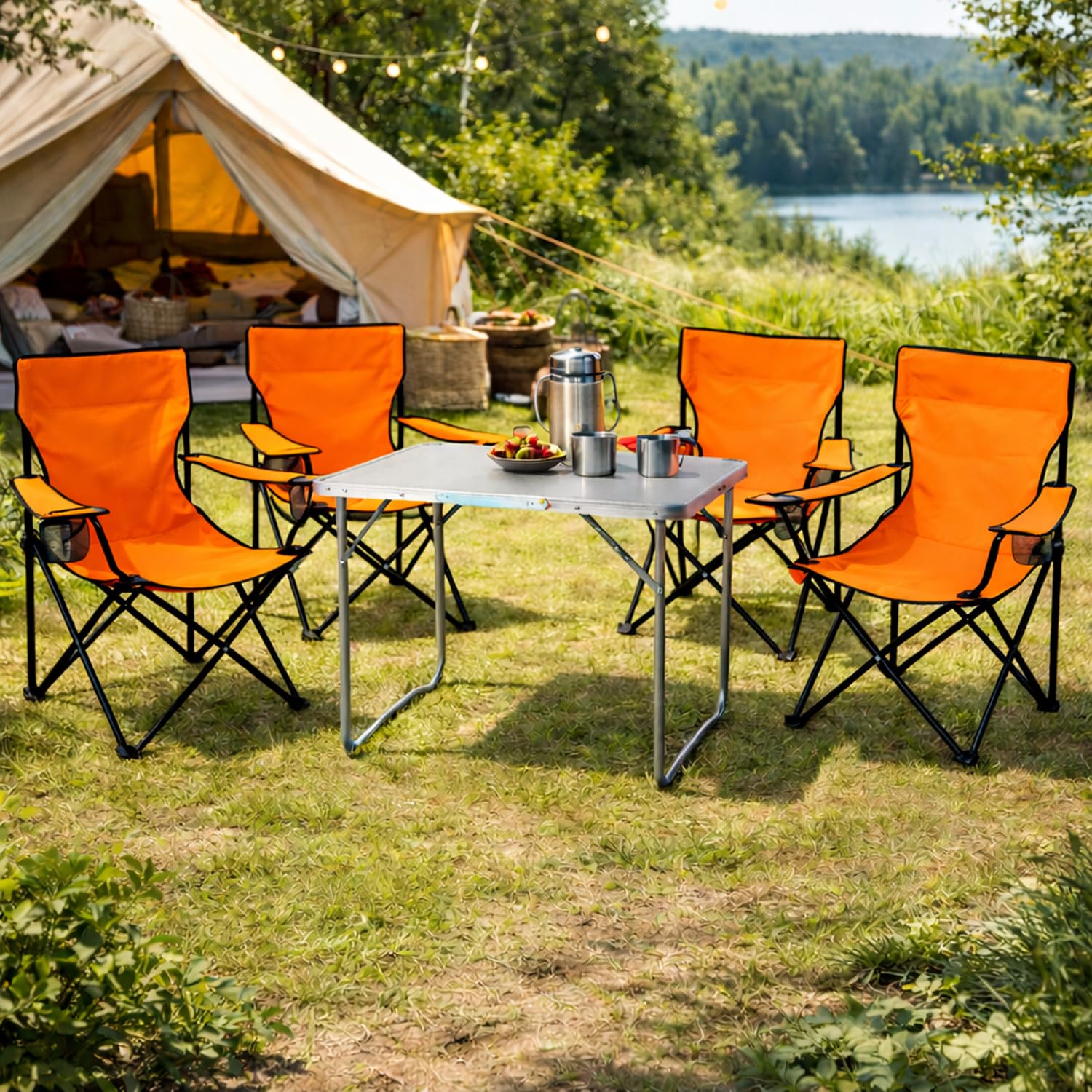 Mojawo 5tlg. Campingmöbel Set Alu 70x50x59cm 1x Campingtisch mit Tragegriff + 4 Anglerstühle, Faltstühle Campingstühle orange