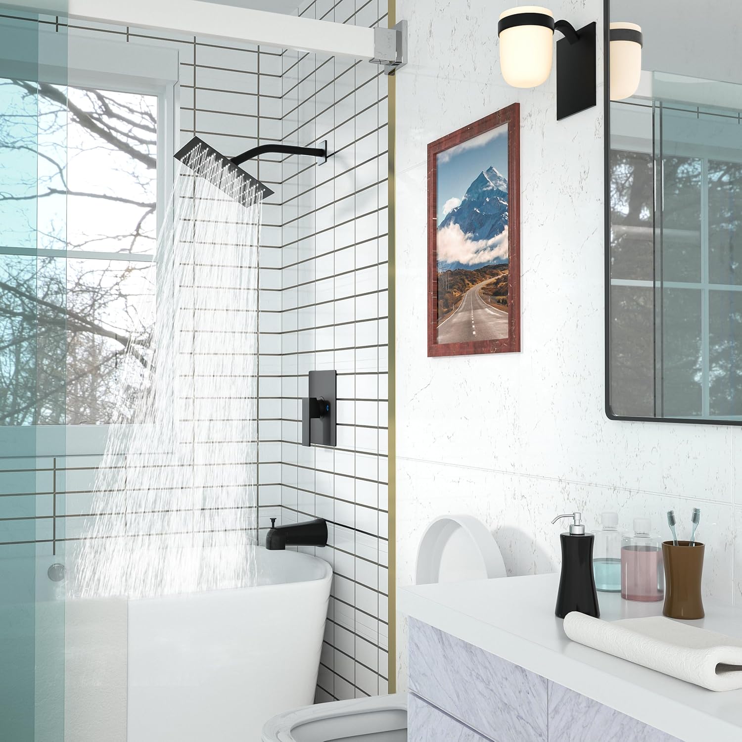 Modern Shower Faucet Set,8-Inch High Pressure Rainfall Shower Head,Complete Rain Shower System with Bathtub Spout and Rough-in Valve Trim kit(Matte Black)