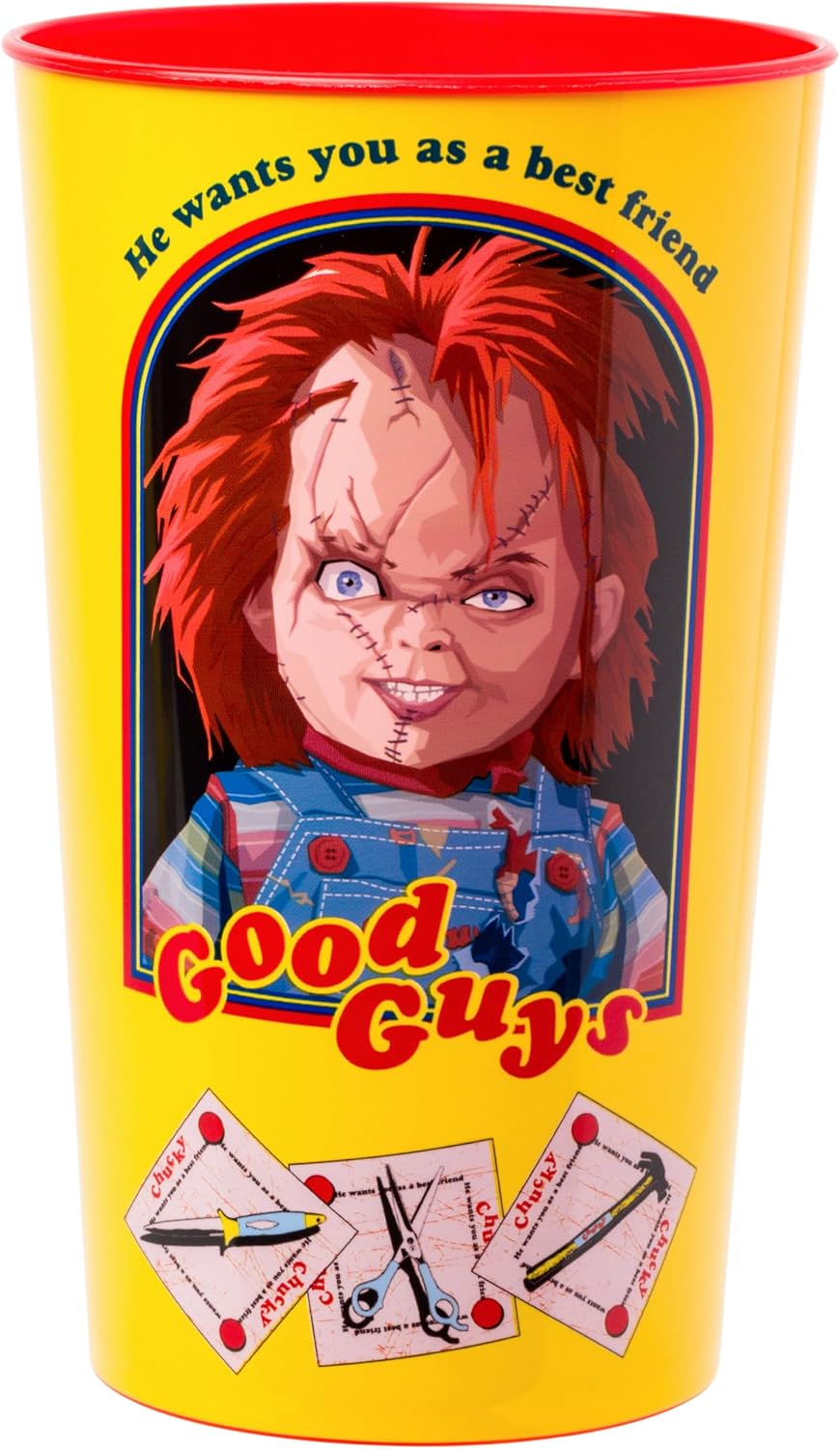 Silver Buffalo Chucky Good Guys, 4 Pack Plastic Cup Set, 22oz | He Wants You As a Best Friend, 0.65 Liters