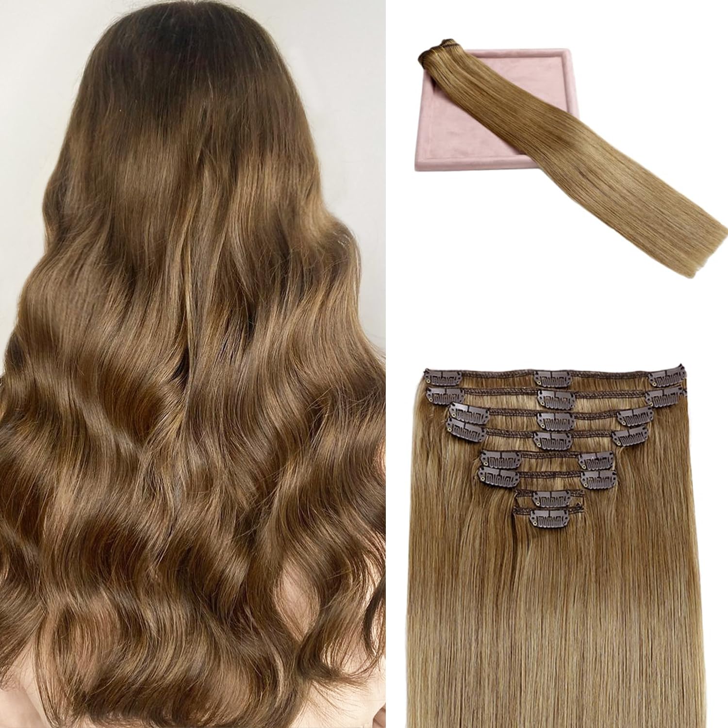 Clip in Hair Extensions Real Human Hair 3.4oz/90g Clip ins 100% Brazilian Remy Human Hair Extension for Women 8pcs Per Set with 18 Clips Double Weft (14 Inch #6 Chestnut Brown)
