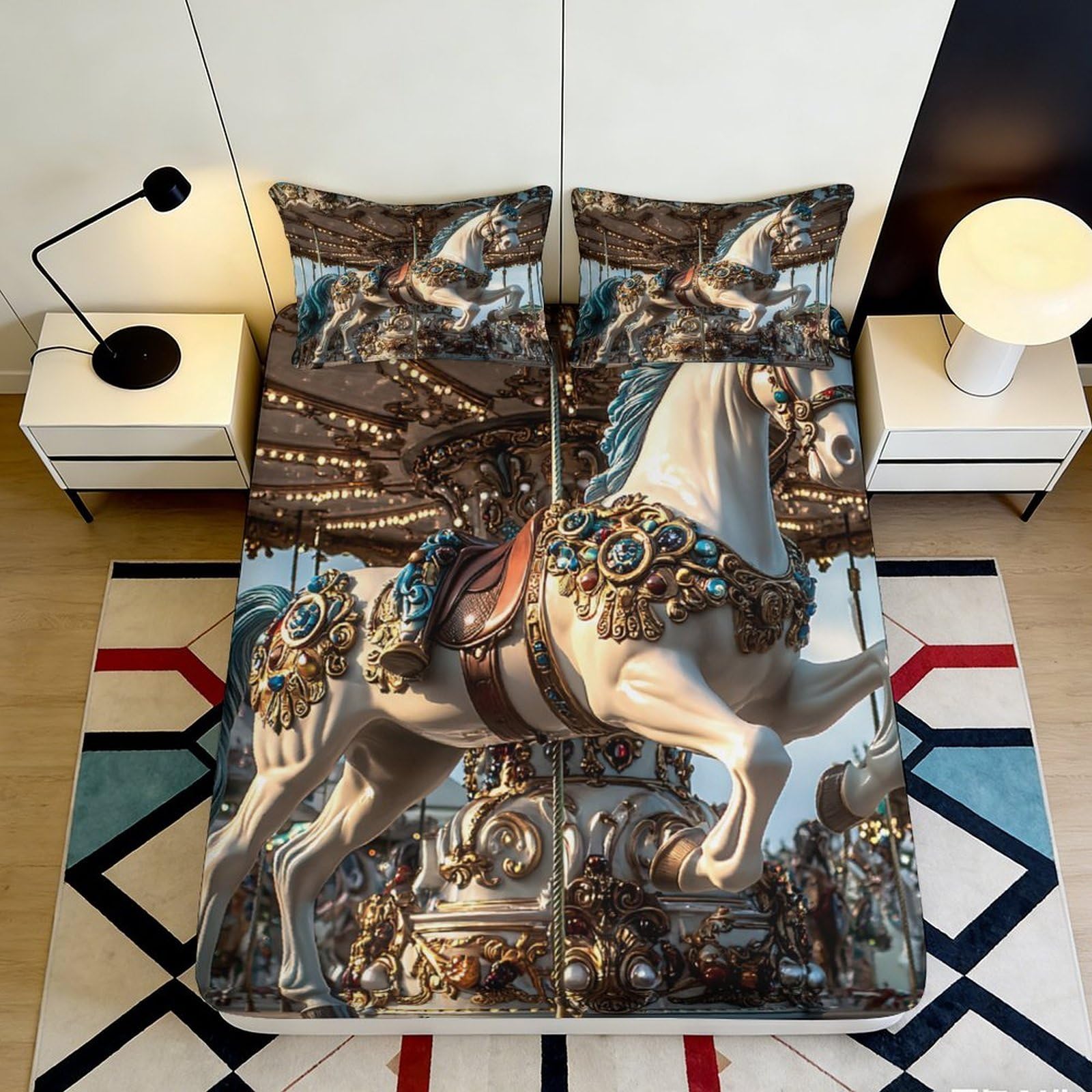 3D Printed Carousel Horse Fitted Sheet Microfiber Soft Durable Decorative Vintage Carousel Bed Cover for Bedroom Dormitory Guest Room 200x200x25cm