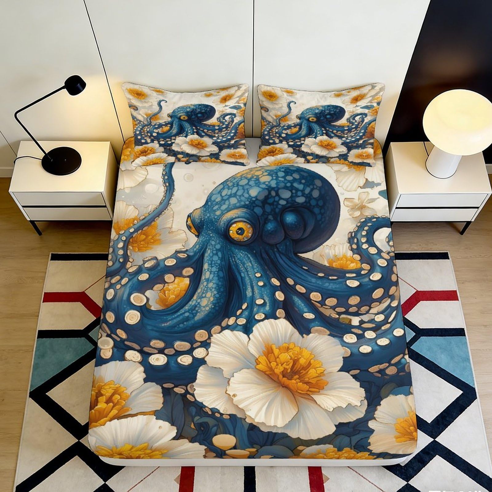 3D Printed Octopus Ocean Fitted Sheet Microfiber Floral Sea Mattress Cover Anti-Slip Machine Washable Bedroom Decor 90x200x25cm