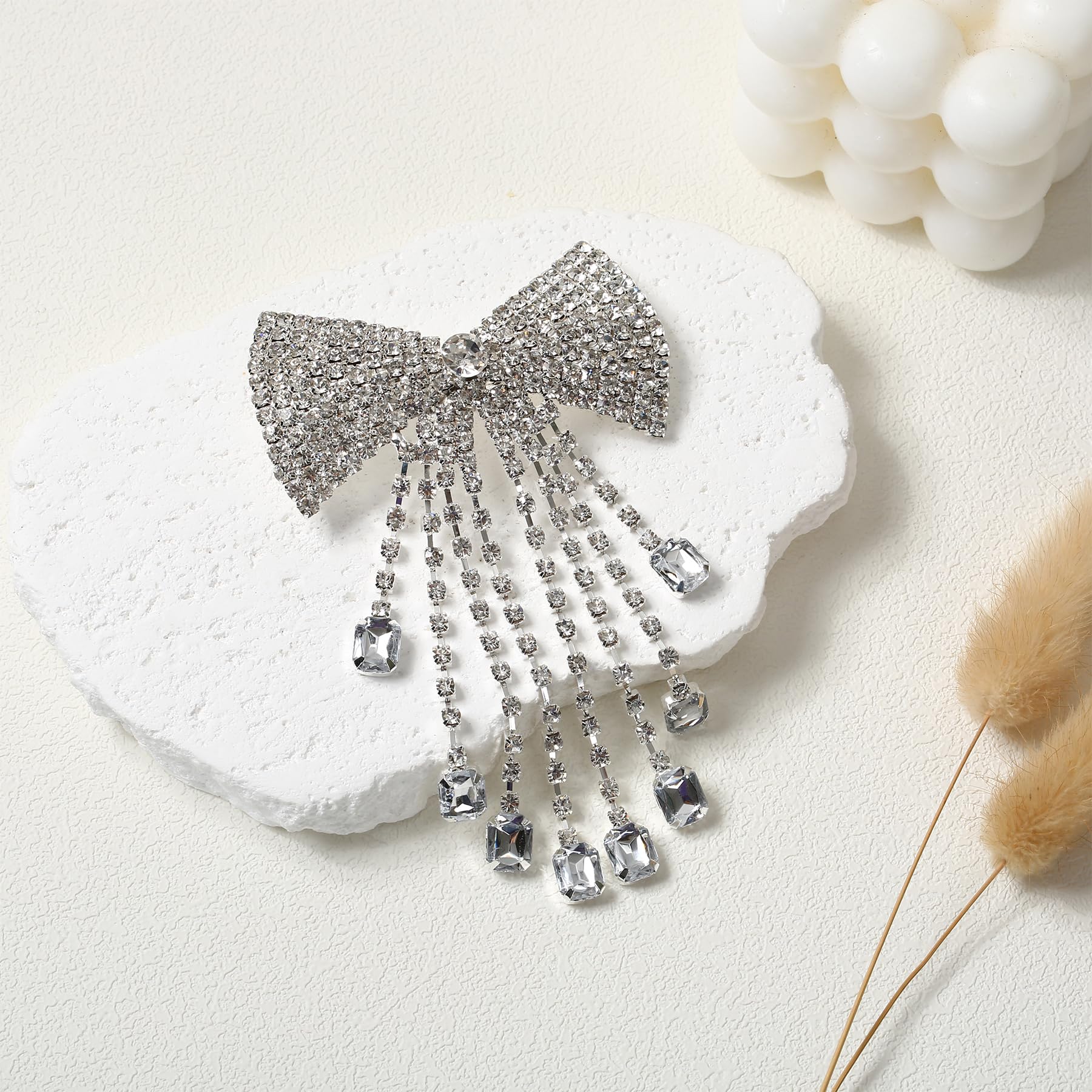 Umimiss Diamante Hair Clips, Sparkly Silver Rhinestone Bow Accessories with Crystal Tassel Water Drop Jewelry for Women Girls - Image 4