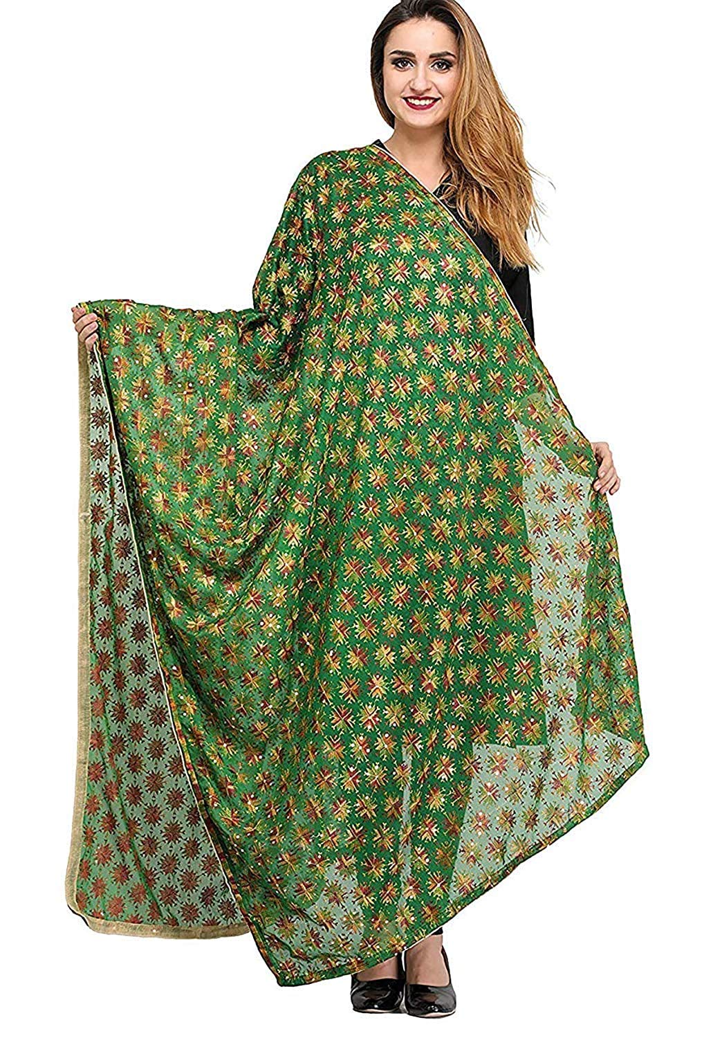 perzit Women Chiffon Kanchan Phulkari Dupatta for Girls Embroidered Fulkari Chunnis-picture-35