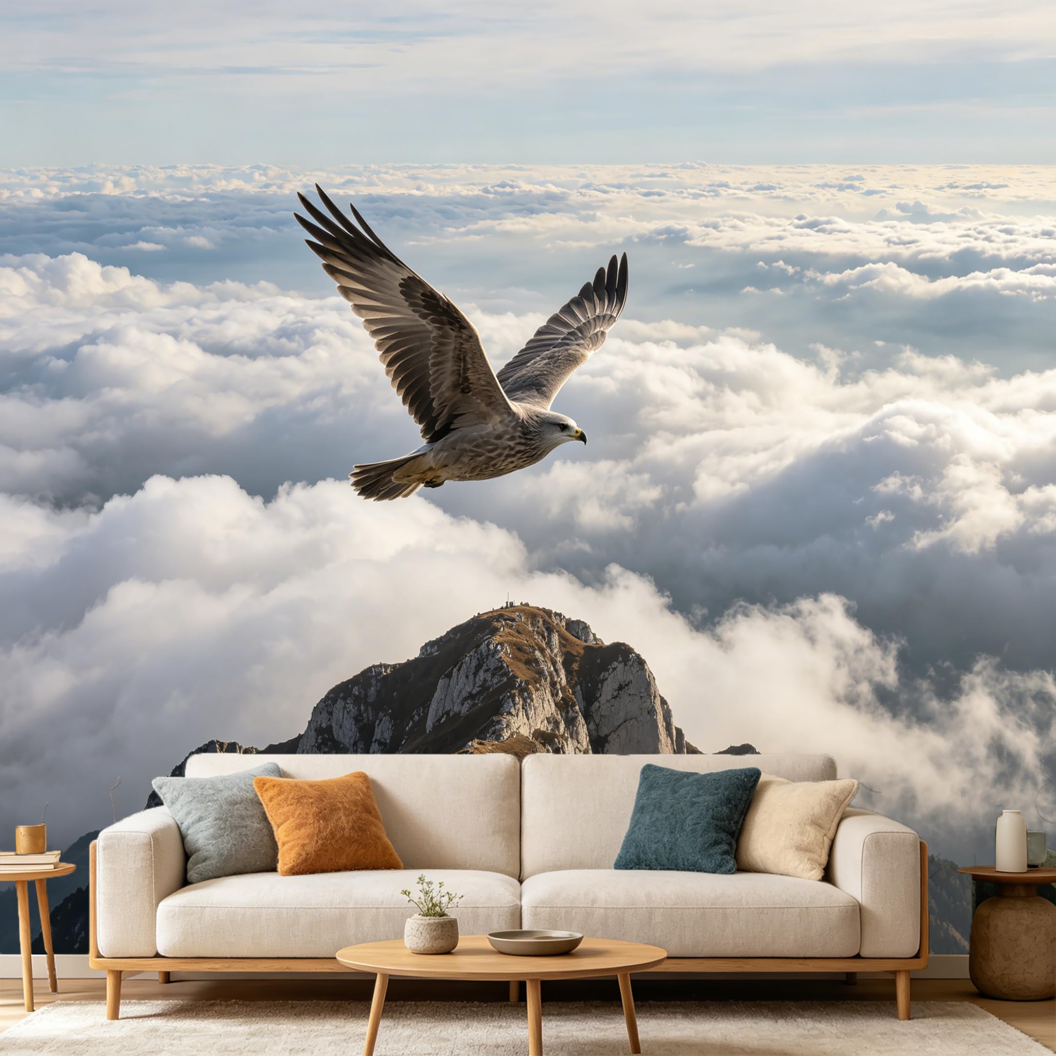 Custom Size Wall Mural Majestic Eagle Flying Above Mountain Peak Clouds Landscape 3D SelfAdhesive Art Prints wall Fabric (No PVC) Removable Wallpaper Home Bedroom Decor