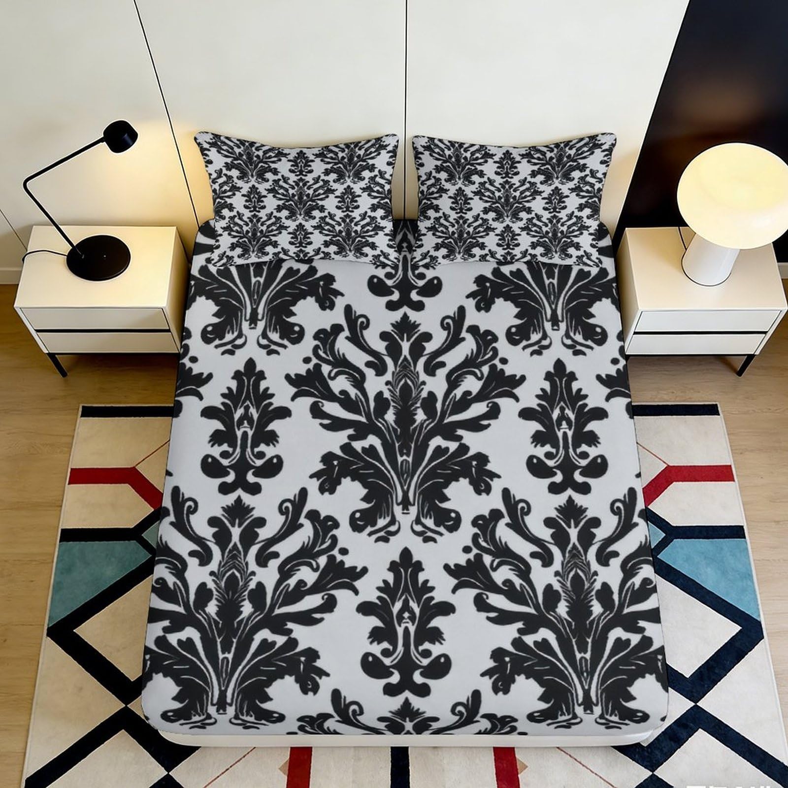 3D Printed Baroque Damask Fitted Sheet Microfiber Soft Black White Classic Mattress Cover Bedroom Decor 90x200x25cm