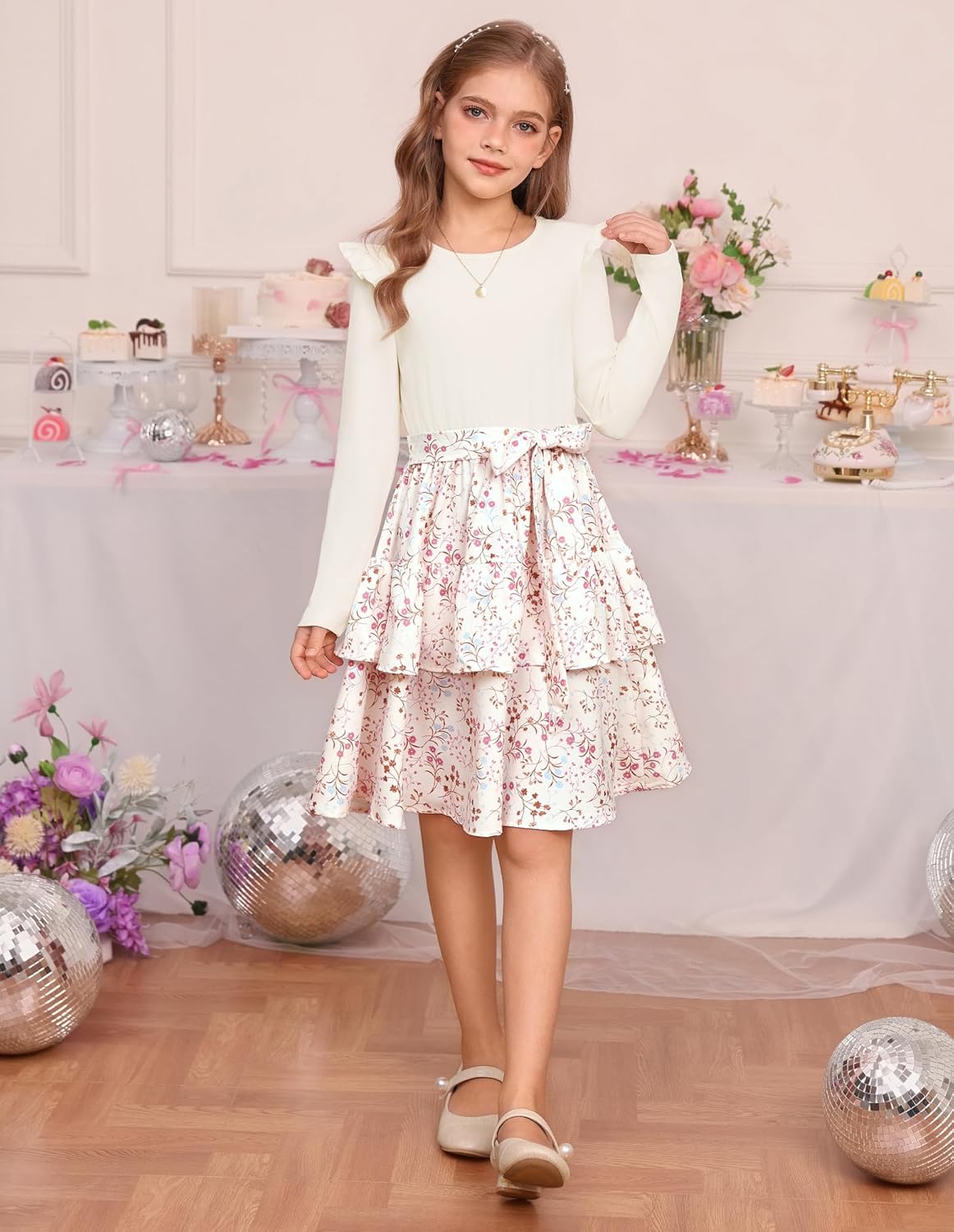 GRACE KARIN Girls Fall Long Sleeve Dresses Girl Floral Midi Dress Kids Casual Holiday Dresses with Belt Size 6-13 - Image 2