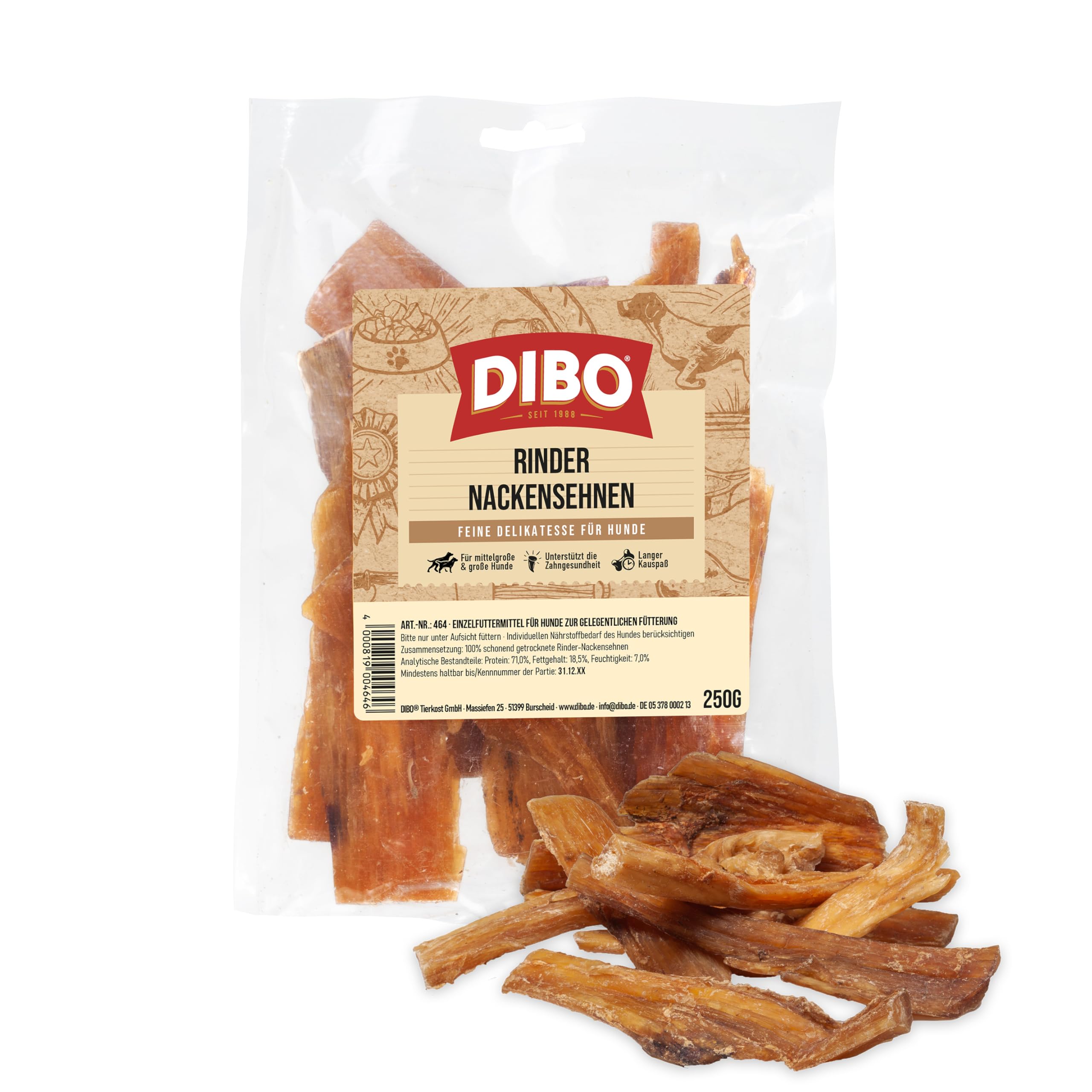 DIBO Rindernackensehnen, 250g-Beutel, der kleine Naturkau-Snack oder Leckerli für Zwischendurch, Hundefutter, Qualitätskauartikel ohne Chemie