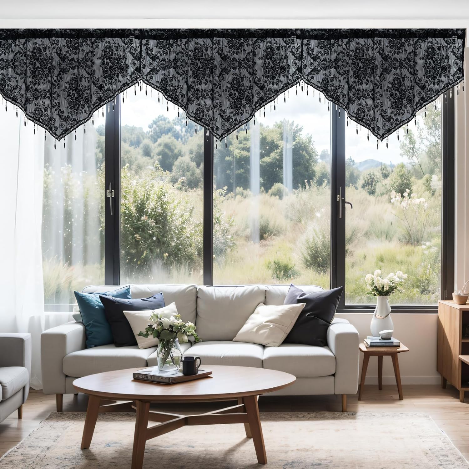 Huieruxun Swag Curtains 3-Piece Set with Crystal Beads & Lace Trim Semi-Sheer Valance Panels for Living Room Bathroom Kitchen Windows - Rod Pocket (Black,51"x24")