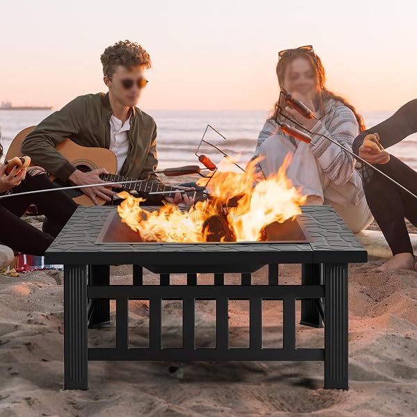 Yaheetech Outdoor Fire Pit 81cm Square Fire pits 3-in-1 Heat-resistant Metal Garden Stove for Barbecue, Heating, Cooling Drinks with Cover & Poker, Black - 5