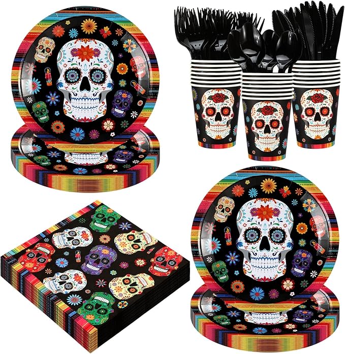 168 Pcs Day of the Dead Party Decorations for 24 Guests Dia De Los Muertos Party Paper Plates and Napkins Set Mexican Sugar Skull Disposable Tableware Halloween Holiday Favors Supplies
