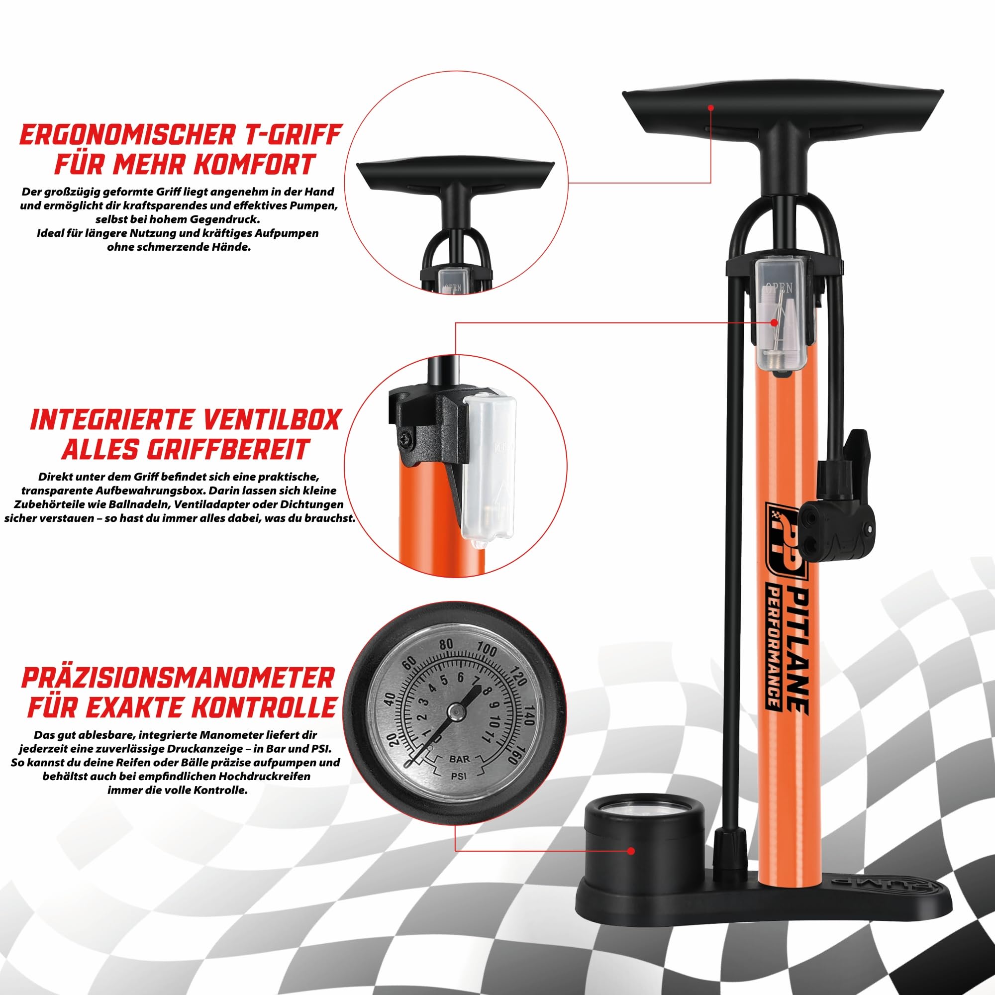 fahrradpumpe barometer Pitlane Performance® mit Manometer, Standluftpumpe 42 cm für alle Ventile (Schrader, Presta, Dunlop) Luftpumpe inkl. Ballnadel & Adapter, bis 11 Bar für Fahrrad, Ball, Luftmatratze Sport & Freizeit Breite:XS | 24 cm Markt Montageständer, Fahrrad Zubehör gebraucht