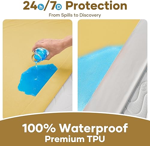 Miniatura 71 de OhGeni Protector de colchón 100% impermeable, sábana bajera con bolsillos profundos, material suave transpirable sin ruido de alta calidad, funda de