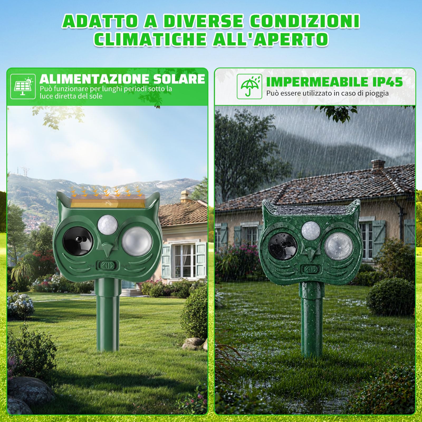 2 Pezzi Dissuasore Gatti Ultrasonico Solare Giardino 2026 | Repellente Volpi con 2 Modalità e Luce LED, Dissuasori Cani IP45 Impermeabile 120° per Gatto Cane Volpe Cervo