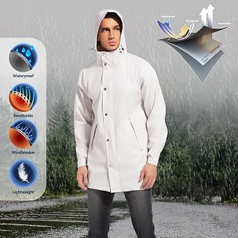 UNIQUEBELLA Raincoat for Men, Rain Jackets Waterproof With Hood Breathable Windbreaker Outdoor Men's Lightweight Coat