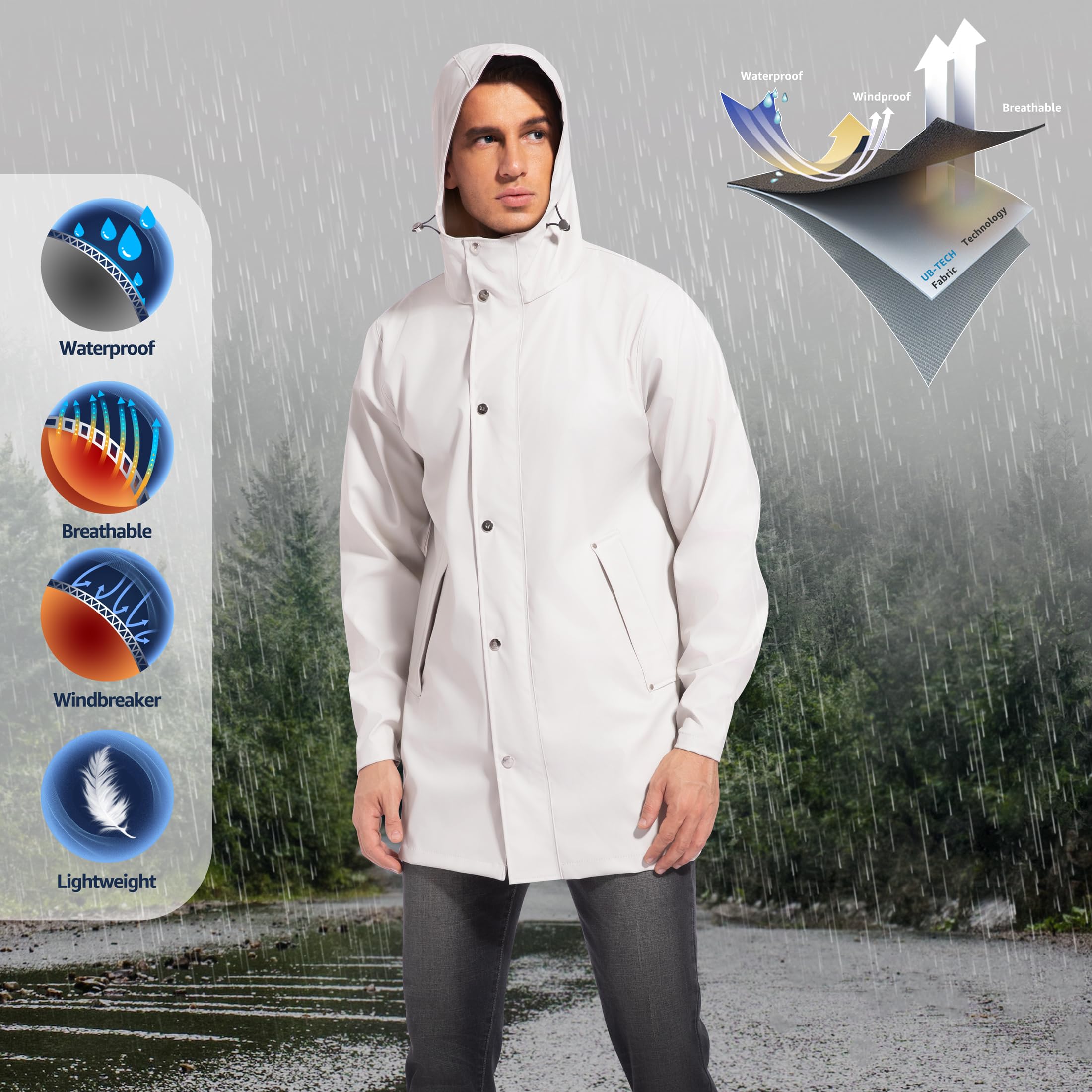 UNIQUEBELLA Chubasquero para Hombre, Chaquetas Impermeables con Capucha Cortavientos Transpirable Outdoor Hombre Chaqueta Ligera