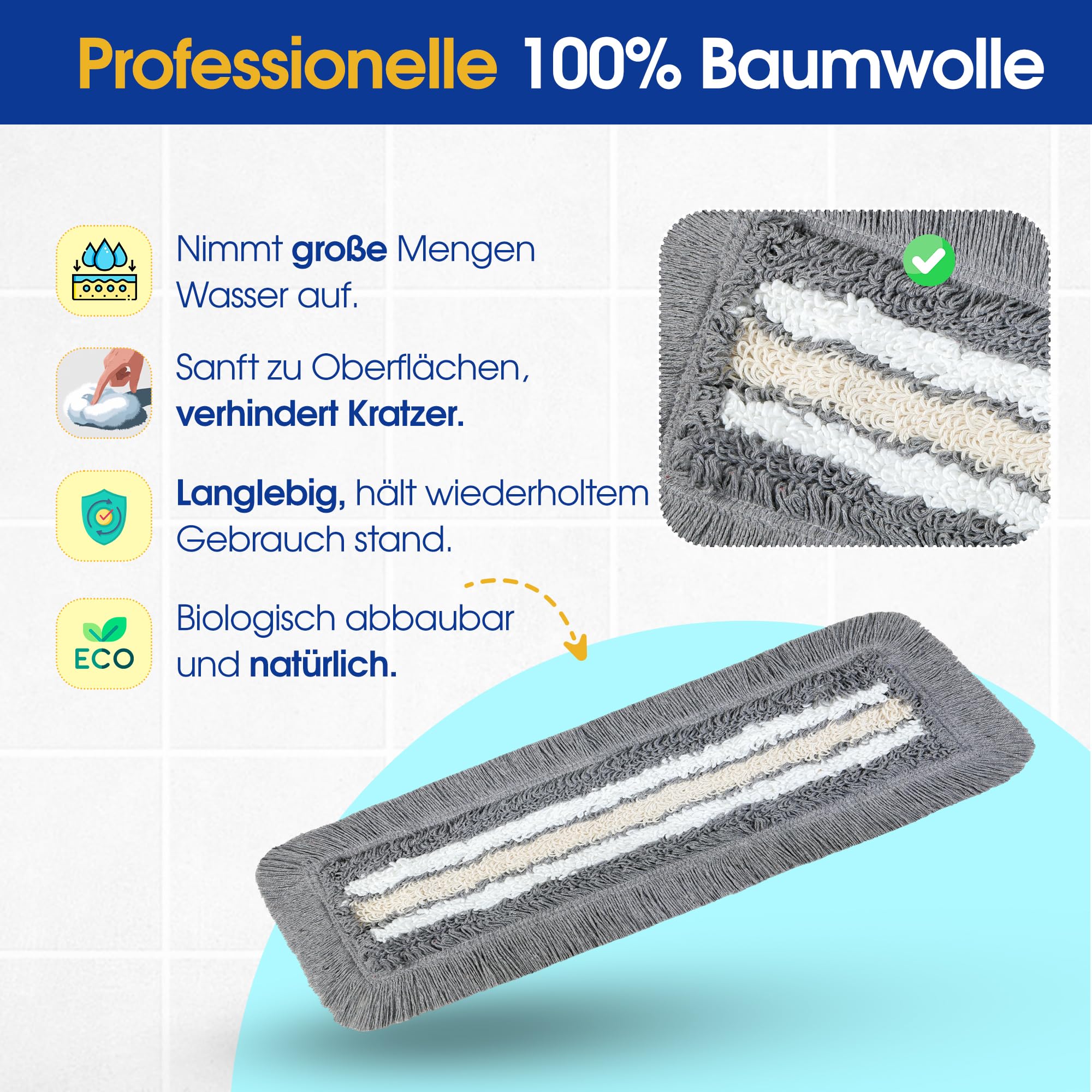 OKAEI Wischmop-Komplettset 40 cm – 10er Spar-Set: 10× Bezug Grau-Weiß-Beige + Klapphalter & Alu-Teleskopstiel – Für Feucht- & Nassreinigung – Ideal für Haushalt & Gewerbe