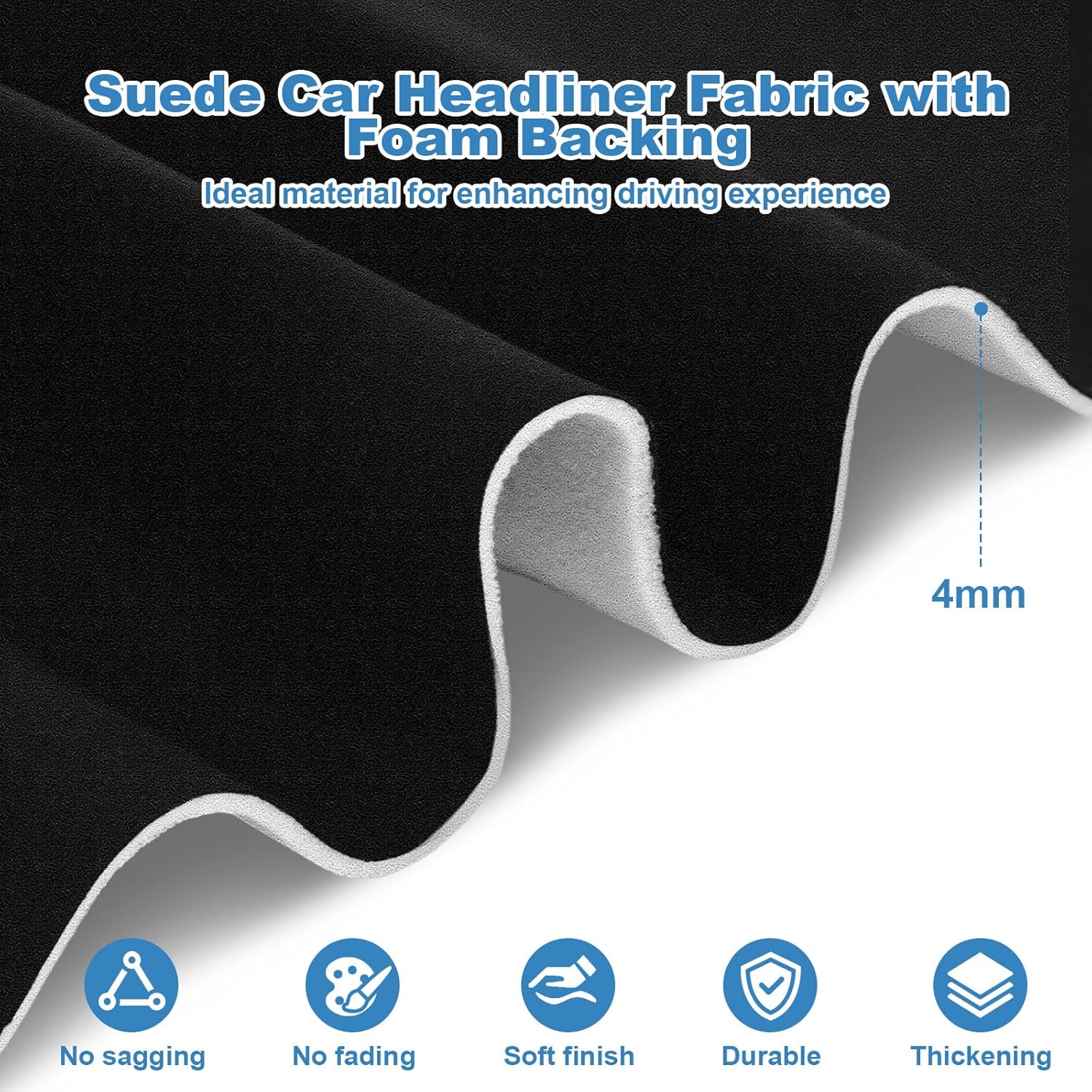 Black Suede Headliner Fabric 125" L x 60" W with Foam Backing, with Seam Roller Tool, Auto Roof Liner Replacement Material for Car/Truck/SUV/RV