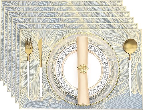 Miniatura 11 de Juego de 6 manteles individuales dorados, manteles individuales rectangulares lavables en masa de vinilo prensado para decoración de centro de mesa