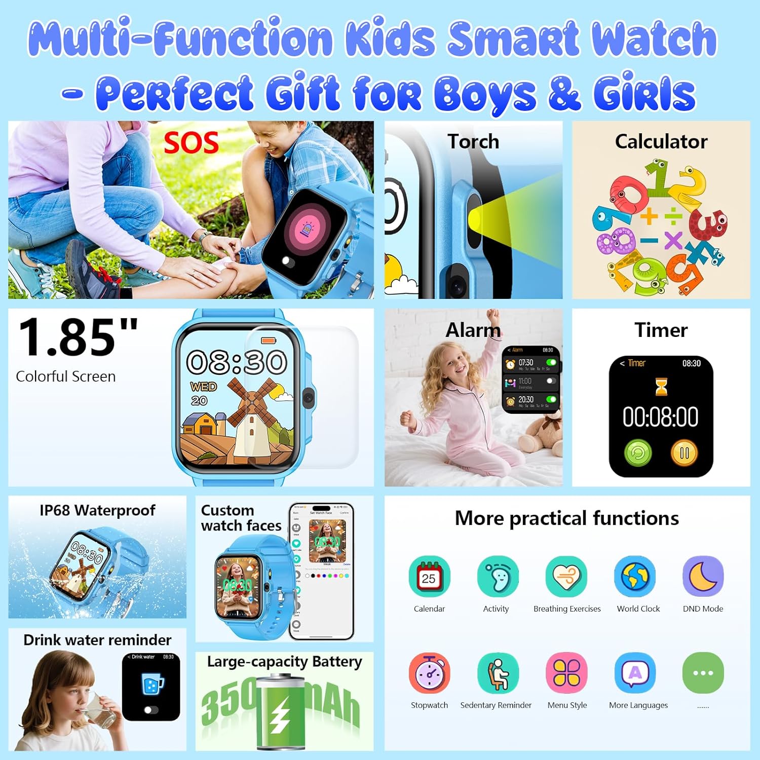 Kids Watch, 1.85" Fitness Tracker Pedometer, Heart Rate, Sleep Monitor, NO APP/Phone, Alarm Clock, Smartwatches with Video Music, IP68 Waterproof, Puzzle Games, Gift for Boy Girl, Smart Watch for Kid