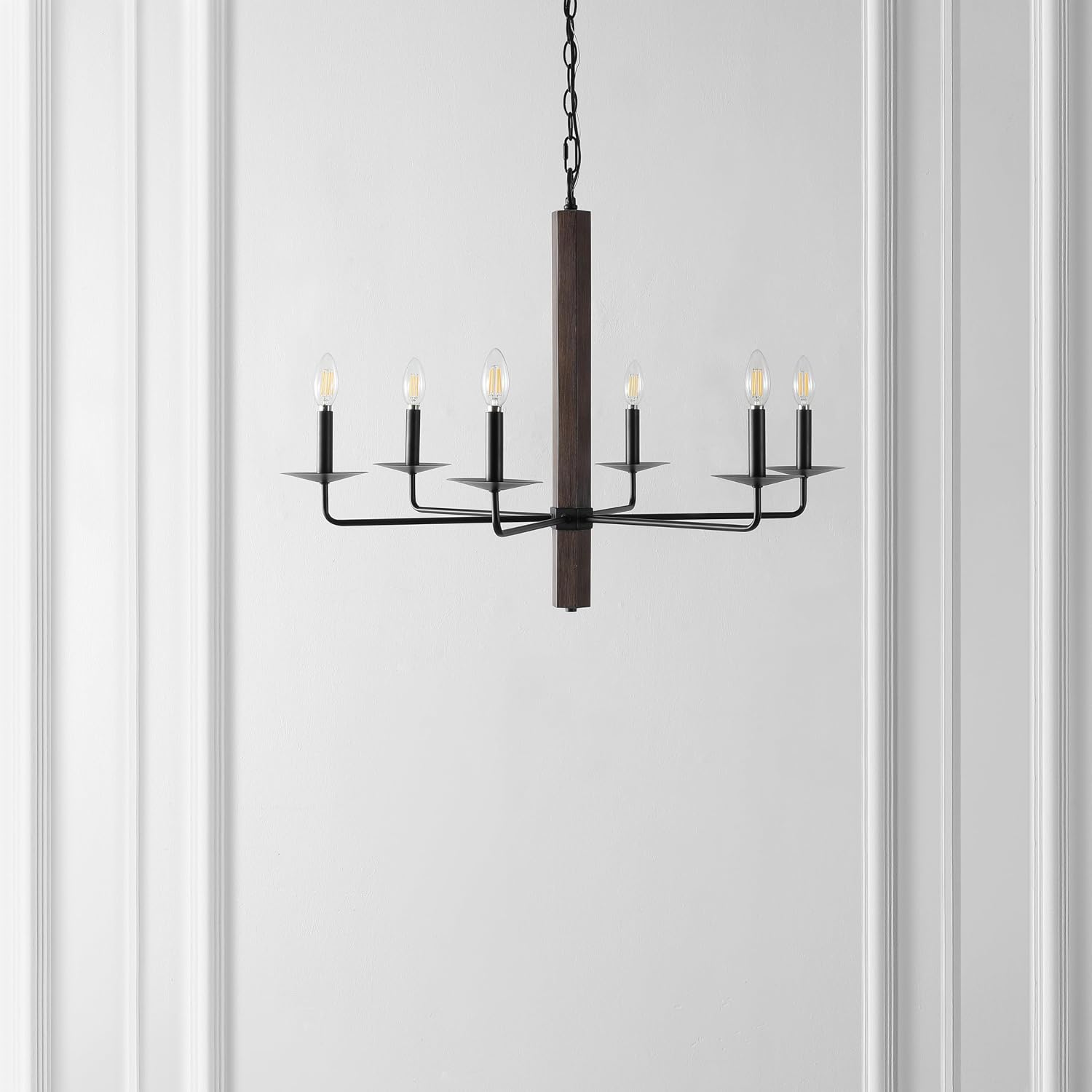 SAFAVIEH Lighting Collection Penbrook Black/Walnut 6-Light Candelabra Hanging Adjustable Chandelier Light Fixture (LED Bulbs Included)