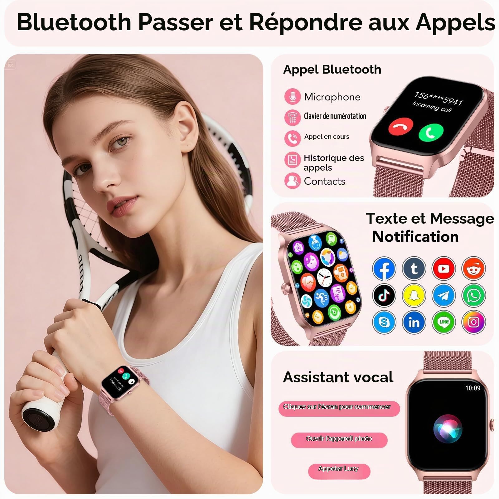 CASCHO Montre Connectée Femme avec Appel Bluetooth, 1.85"HD Smartwatch Femme avec Fréquence Cardiaque/Sommeil/SpO2, IP68 Étanche Fitness Tracker avec 120+ Modes Sportifs, pour Android iOS - Doré rose